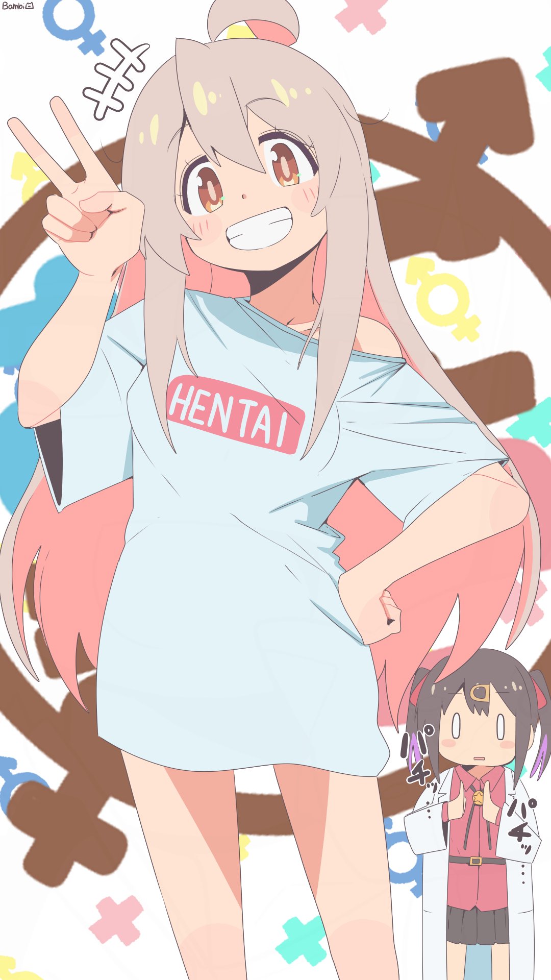 bambi2000line, oyama mahiro, oyama mihari, onii-chan wa oshimai!, commentary, highres, +++, 2girls, ahoge, artist name, bare arms, bare legs, belt, black hair, black skirt, blank eyes, blush stickers, bolo tie, brown eyes, clapping, clothes writing, colored inner hair, copyright logo, grey hair, grin, hair between eyes, hand on own hip, high heels, lab coat, logo, long hair, male-female symbol, multicolored hair, multiple girls, no pants, oversized clothes, oversized shirt, pink hair, pleated skirt, purple hair, red shirt, romaji text, shirt, siblings, single bare shoulder, single off shoulder, sisters, skirt, smile, solo focus, t-shirt, twintails, two-tone hair, v, very long hair, white shirt