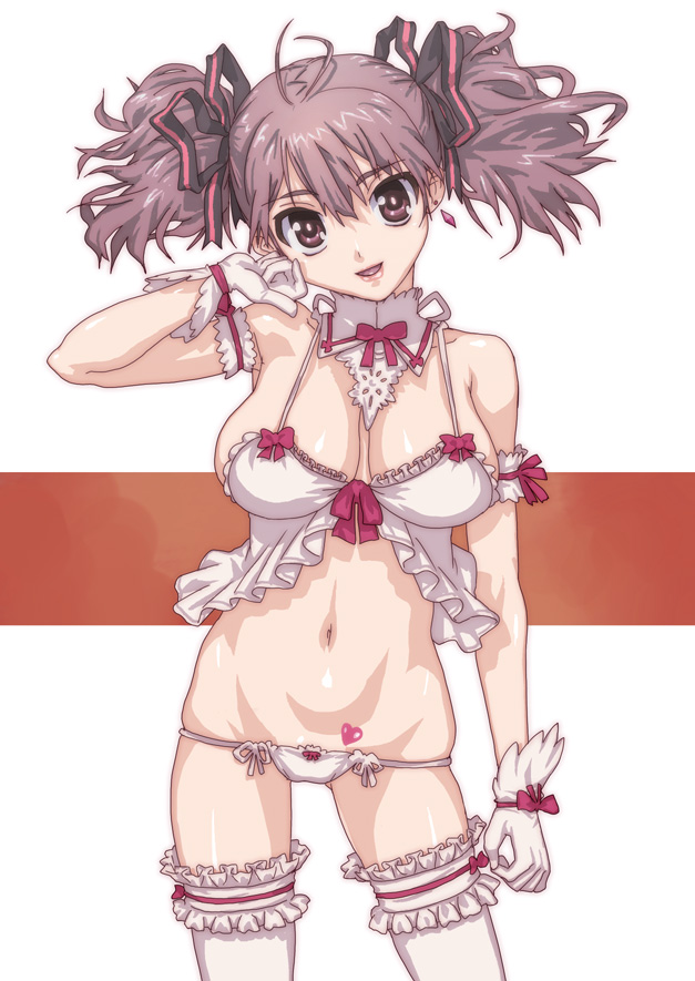 hirose (mokiki), original, 1girl, breasts, brown hair, cleavage, collar, cowboy shot, detached collar, earrings, female focus, frilled thighhighs, frills, gloves, heart, heart tattoo, jewelry, large breasts, lowleg, lowleg panties, midriff, panties, pubic tattoo, purple eyes, solo, striped clothes, striped panties, tattoo, thighhighs, underwear, white thighhighs