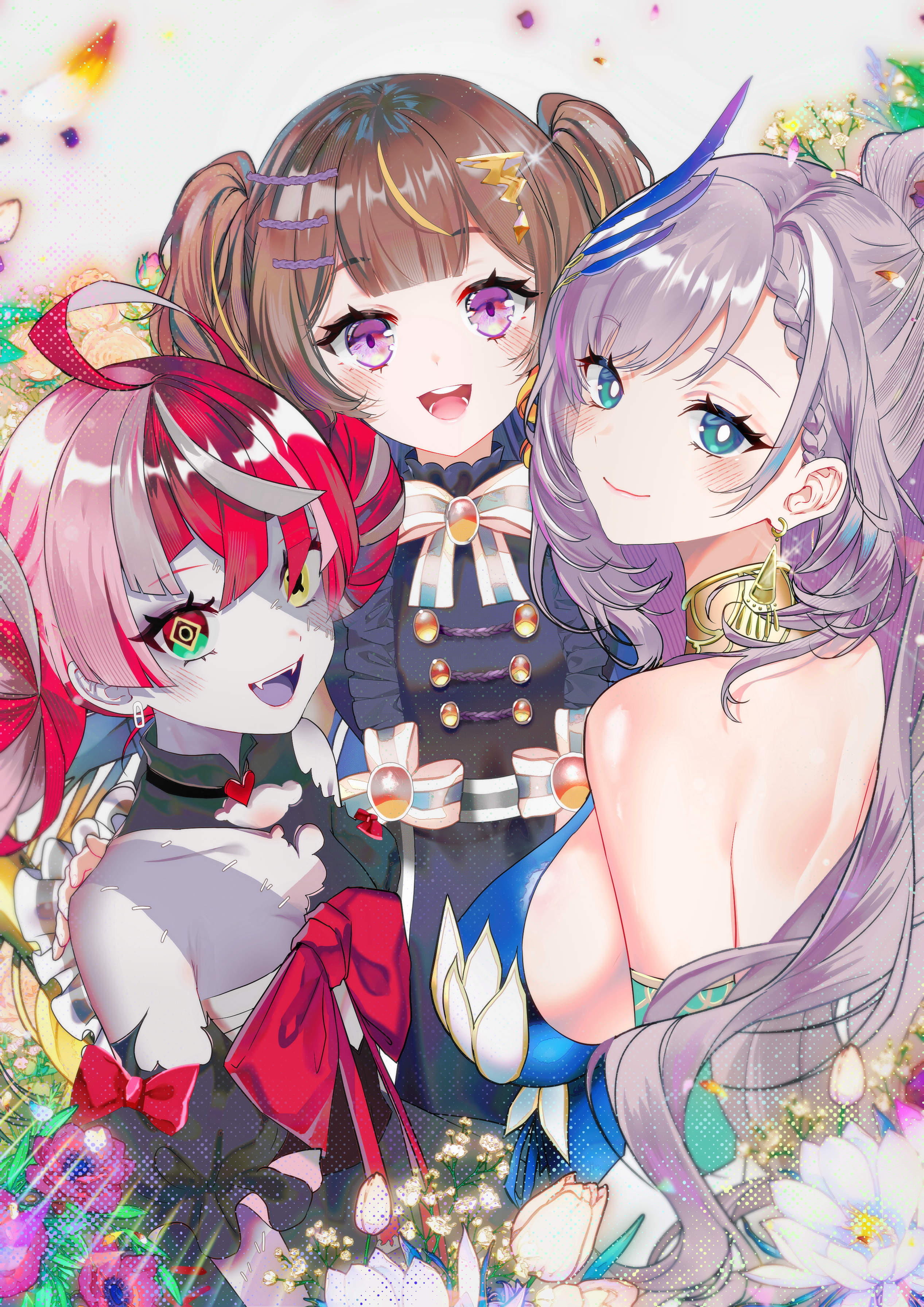 sowon, anya melfissa, anya melfissa (1st costume), kureiji ollie, kureiji ollie (1st costume), pavolia reine, pavolia reine (1st costume), hololive, hololive indonesia, absurdres, commentary, highres, symbol-only commentary, 3girls, :d, ahoge, aqua eyes, backless dress, backless outfit, black dress, blonde hair, blue dress, blunt ends, bow, bowtie, braid, braided bangs, breasts, bright pupils, brooch, brown hair, center-flap bangs, center frills, closed mouth, colored skin, colored tongue, diamond-shaped pupils, diamond (shape), double-parted bangs, double bun, dress, earrings, falling petals, fangs, feather hair ornament, feathers, flat chest, flower, frilled dress, frills, gradient eyes, green eyes, grey hair, grey skin, hair bun, hair ornament, heterochromia, jewelry, large breasts, looking at viewer, mismatched pupils, multicolored eyes, multicolored hair, multiple girls, neck ring, open mouth, patchwork skin, petals, pink hair, ponytail, puffy short sleeves, puffy sleeves, purple eyes, purple tongue, red eyes, red hair, short hair, short sleeves, sideboob, sleeveless, sleeveless dress, smile, stitched face, stitched torso, stitches, streaked hair, swept bangs, symbol-shaped pupils, torn clothes, torn dress, two side up, virtual youtuber, wavy hair, white bow, white bowtie, white hair, white pupils, x-shaped pupils, yellow eyes, zombie