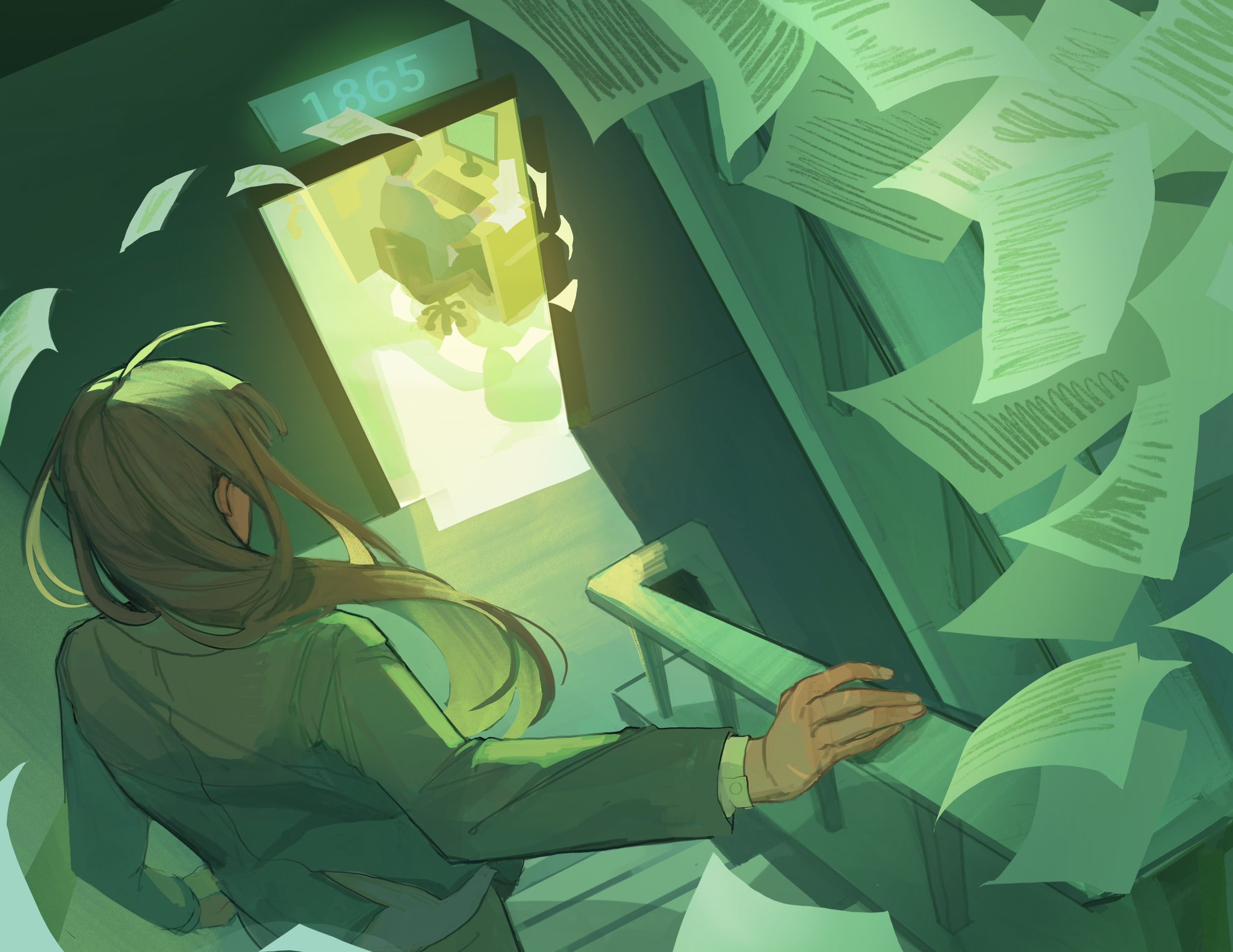 wintrchu, kim dokja, yoo sangah, omniscient reader's viewpoint, commentary, english commentary, highres, 1boy, 1girl, black coat, brown hair, chair, coat, computer, falling paper, floating hair, from above, long hair, office chair, open door, railing, sitting, stairs, swivel chair, walking, wind