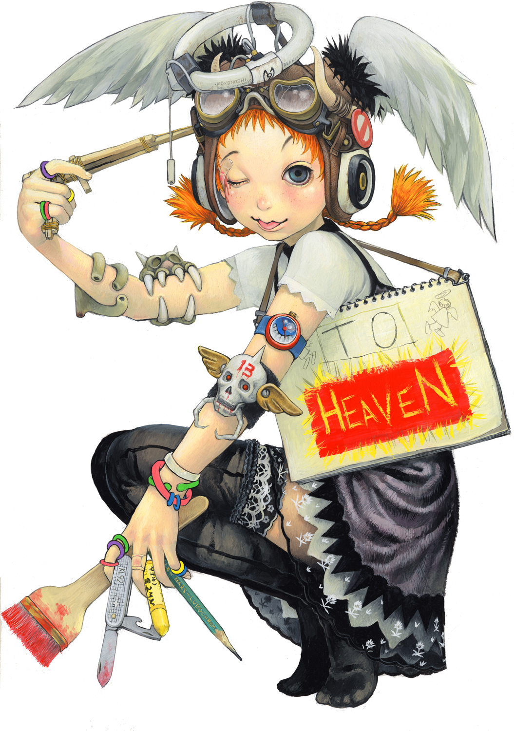 honzawa yuuichirou, original, brush, highres, 1girl, :p, angel wings, bandaid, black thighhighs, blood, blue eyes, bracelet, braid, dress, english text, fang, feathers, female focus, folding knife, freckles, goggles, goggles on head, halo, head wings, helmet, horns, injury, jewelry, knife, one eye closed, orange hair, paintbrush, pencil, short twintails, simple background, sketchbook, skirt, skull, solo, squatting, thighhighs, tongue, tongue out, twin braids, twintails, wings, wink