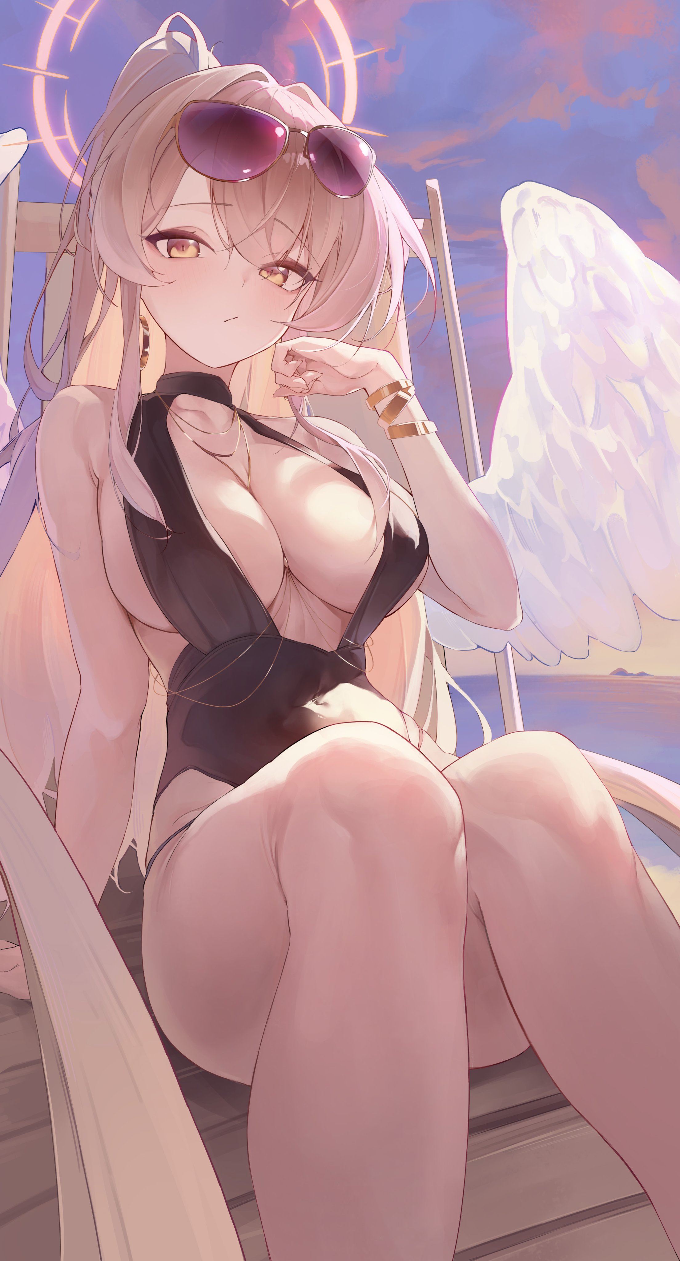 smile12190, nagisa (blue archive), nagisa (swimsuit) (blue archive), blue archive, absurdres, commentary request, highres, 1girl, angel wings, aviator sunglasses, black one-piece swimsuit, blonde hair, breasts, chain, feathered wings, halo, large breasts, low wings, official alternate costume, official alternate hairstyle, one-piece swimsuit, pink halo, purple-tinted eyewear, sitting, solo, sunglasses, swimsuit, tinted eyewear, white wings, wings, yellow eyes
