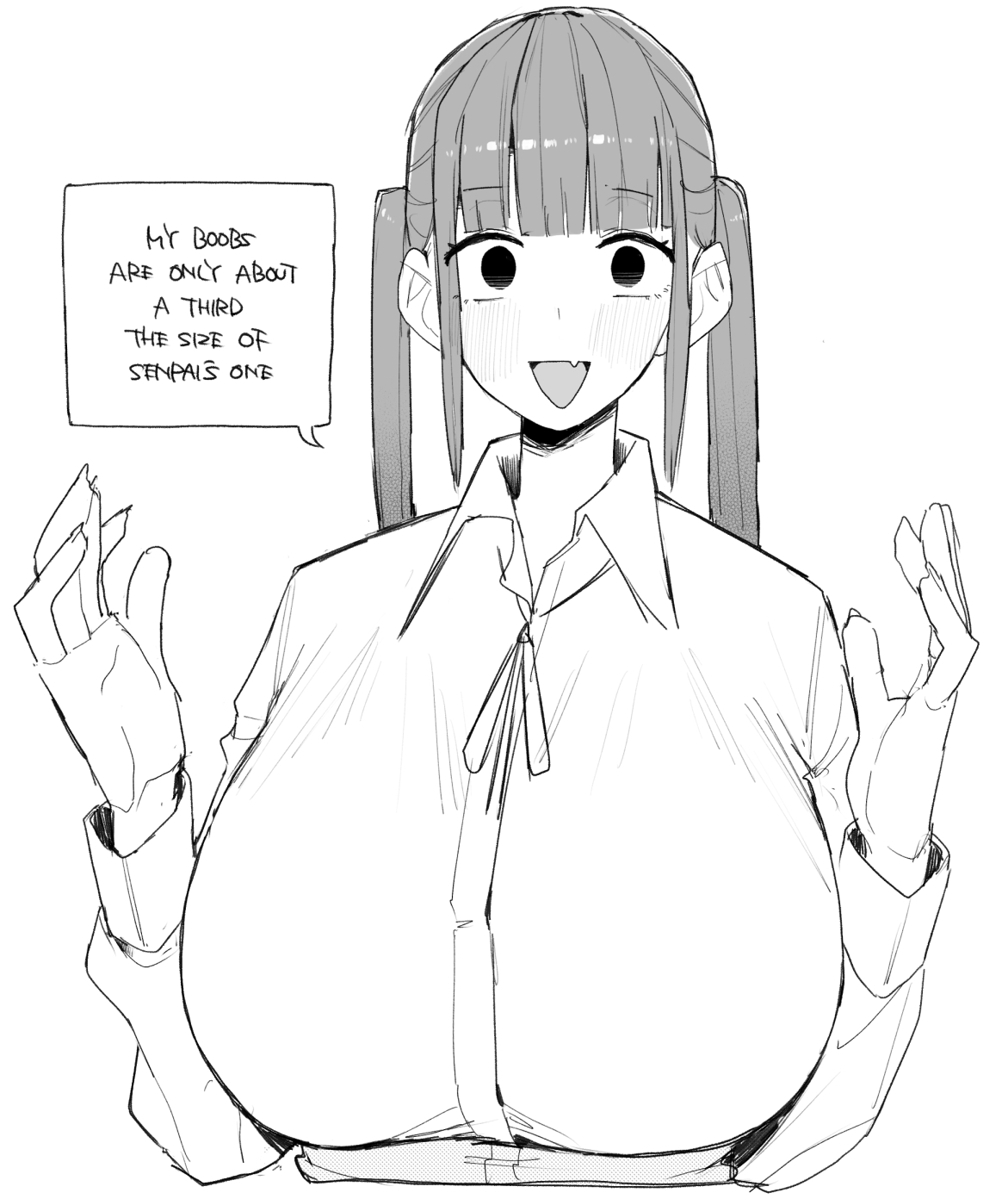 ohasi, boobs kouhai (ohasi), original, highres, 1girl, :d, blunt bangs, blush, breasts, collared shirt, cropped torso, dress shirt, empty eyes, english text, fang, greyscale, hands up, huge breasts, long sleeves, monochrome, neck ribbon, open mouth, ribbon, school uniform, shirt, sidelocks, simple background, skin fang, smile, solo, speech bubble, twintails, white background