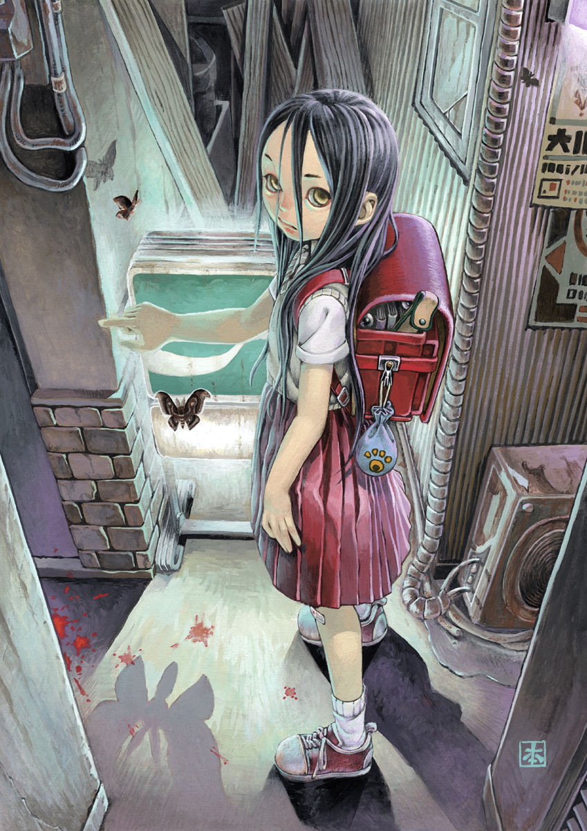honzawa yuuichirou, original, highres, 1girl, air conditioner, alley, backpack, bag, black hair, blood, bug, child, dark, female focus, insect, long hair, moth, pointing, randoseru, school uniform, shadow, skirt, socks, solo, trash, water, yellow eyes