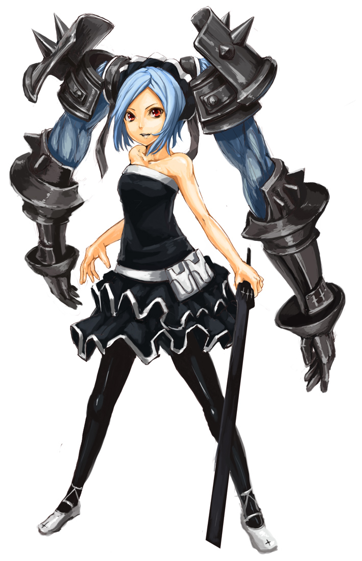 pondel, yat, ukuel, original, 1girl, armor, armored twintails, bare shoulders, blue hair, borrowed character, collarbone, dress, female focus, gauntlets, hair ornament, legs, long hair, pantyhose, prehensile hair, red eyes, simple background, skirt, solo, spikes, sword, twintails, very long hair, weapon