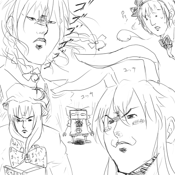 cirno, izayoi sakuya, konpaku youmu, patchouli knowledge, reisen udongein inaba, sakigake!! cromartie koukou, touhou, 4girls, braid, greyscale, hat, mob cap, monochrome, multiple girls, parody, robot, twin braids, what