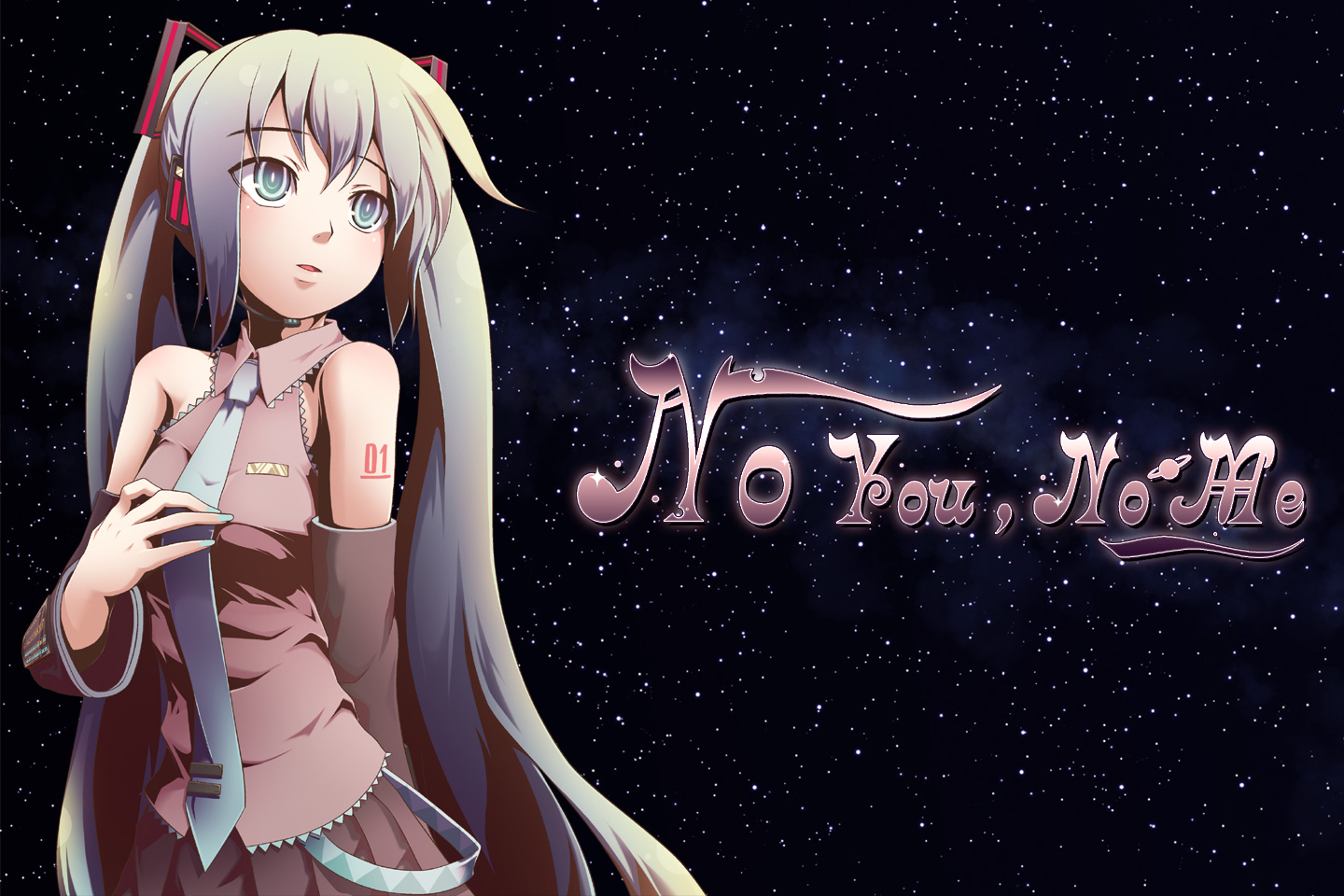 saji, hatsune miku, no you no me (vocaloid), vocaloid, artist request, 1girl, female focus, long hair, makuu, necktie, night, planet, saturn (planet), shadow, sky, solo, star (sky), starry sky, tattoo, twintails, very long hair