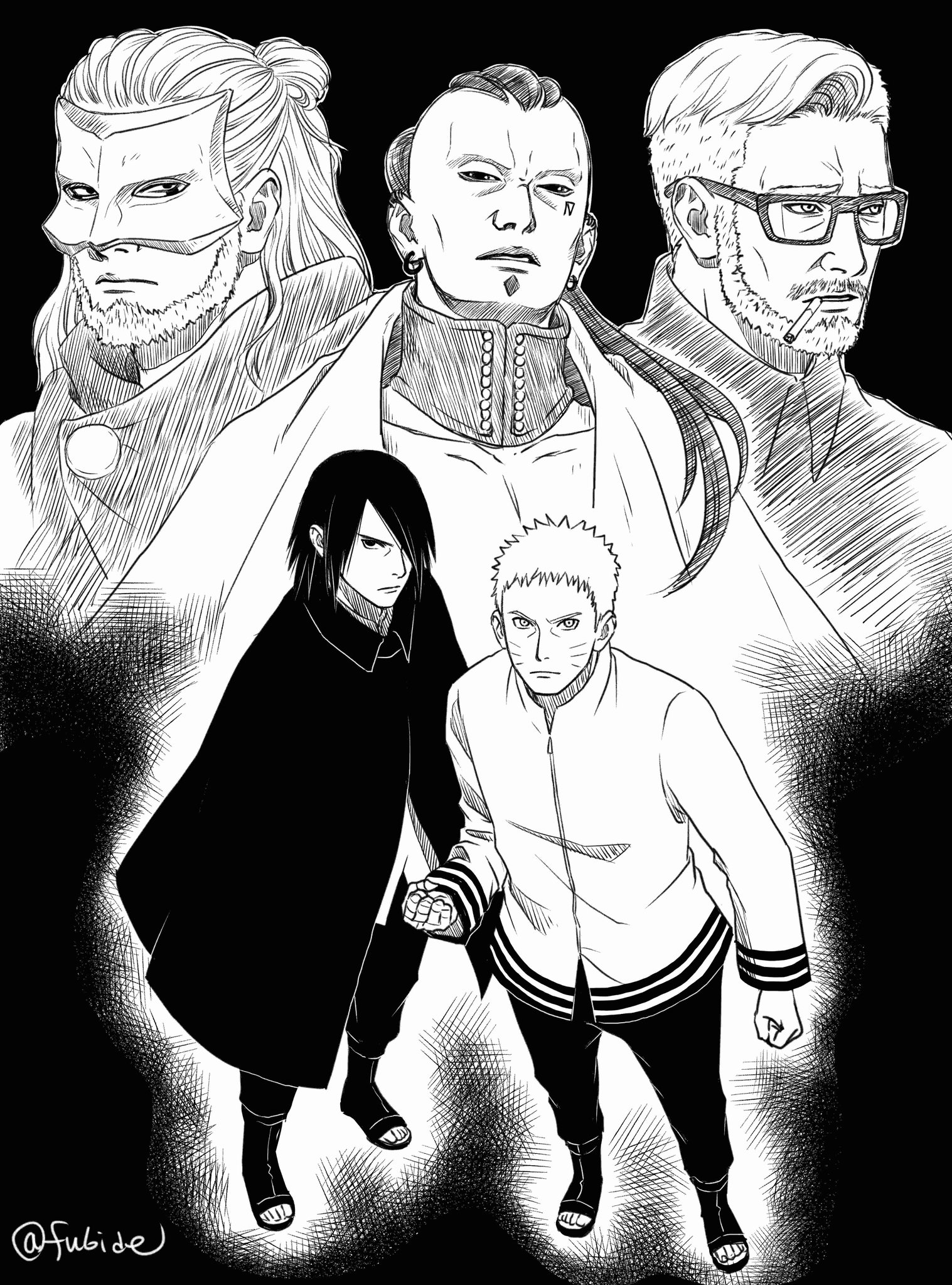 sanzu amado, uchiha sasuke, uzumaki naruto, boruto: naruto next generations, naruto (series), highres, 5boys, bandaged hand, bandages, boots, cigarette, clenched hand, cloak, collared cloak, earrings, facial tattoo, glasses, greyscale, hatching (texture), jacket, jewelry, jigen (naruto), kashin koji (boruto), male focus, mask, matsu (fu6ide2), monochrome, multiple boys, number tattoo, open-toe boots, ponytail, serious, smoking, tattoo, twitter username