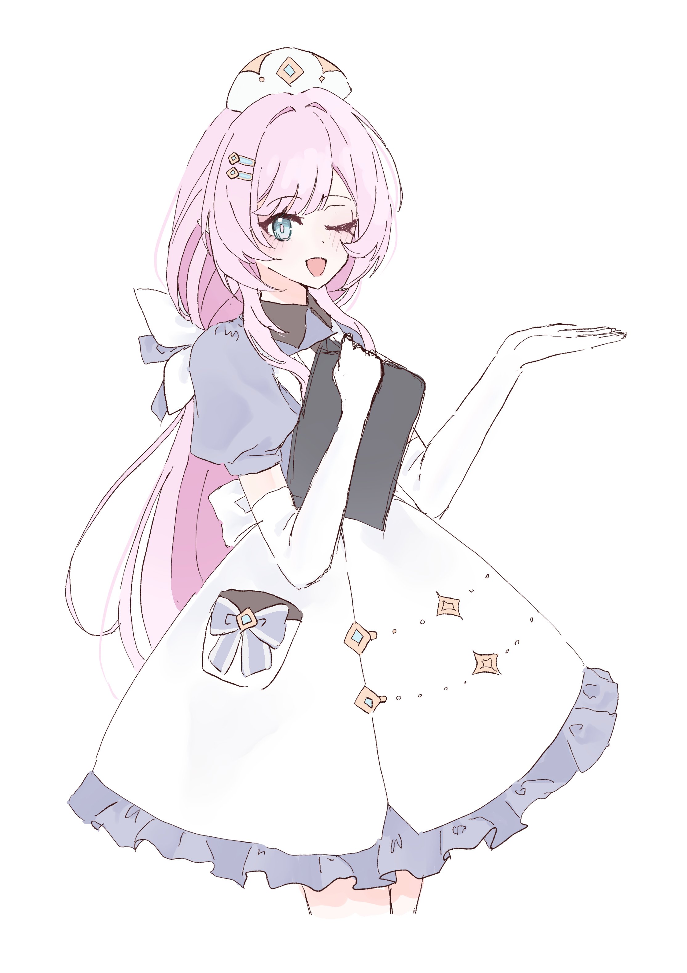 cha noha, elysia (honkai impact), honkai (series), honkai impact 3rd, absurdres, highres, 1girl, ;o, blue eyes, dress, elbow gloves, gloves, hat, holding, holding notepad, long hair, looking at viewer, notepad, nurse, nurse cap, official alternate costume, one eye closed, pink hair, simple background, solo, very long hair, white background, white dress, white gloves