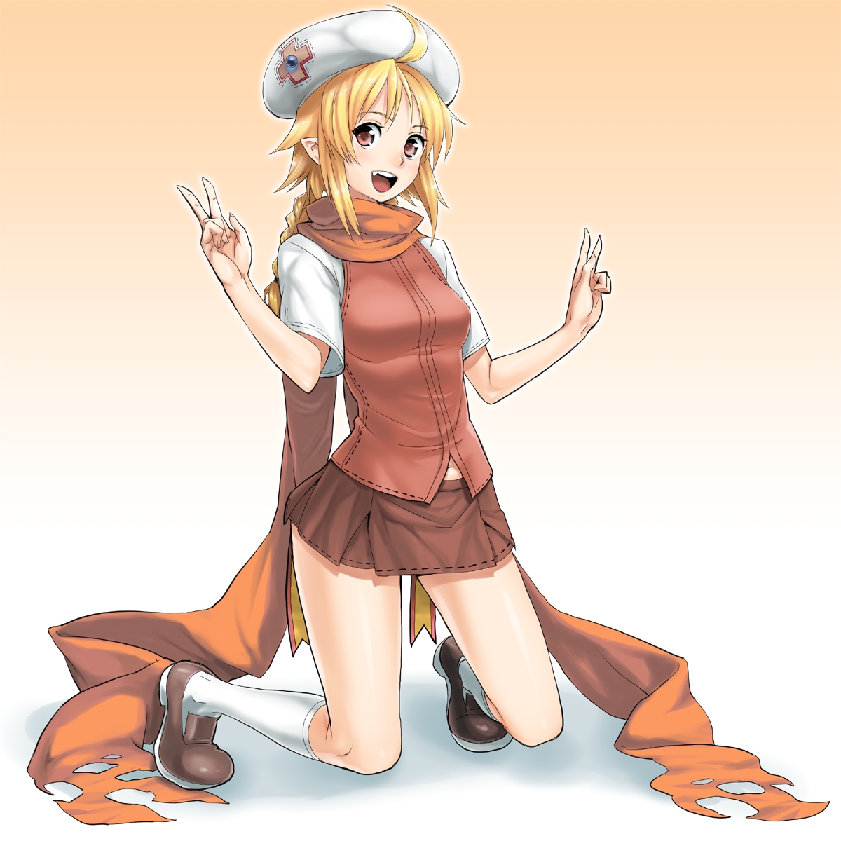 poporon, original, highres, 1girl, blonde hair, braid, brown eyes, female focus, hat, kneeling, legs, long hair, miniskirt, orange scarf, pointy ears, scarf, skirt, socks, solo, v