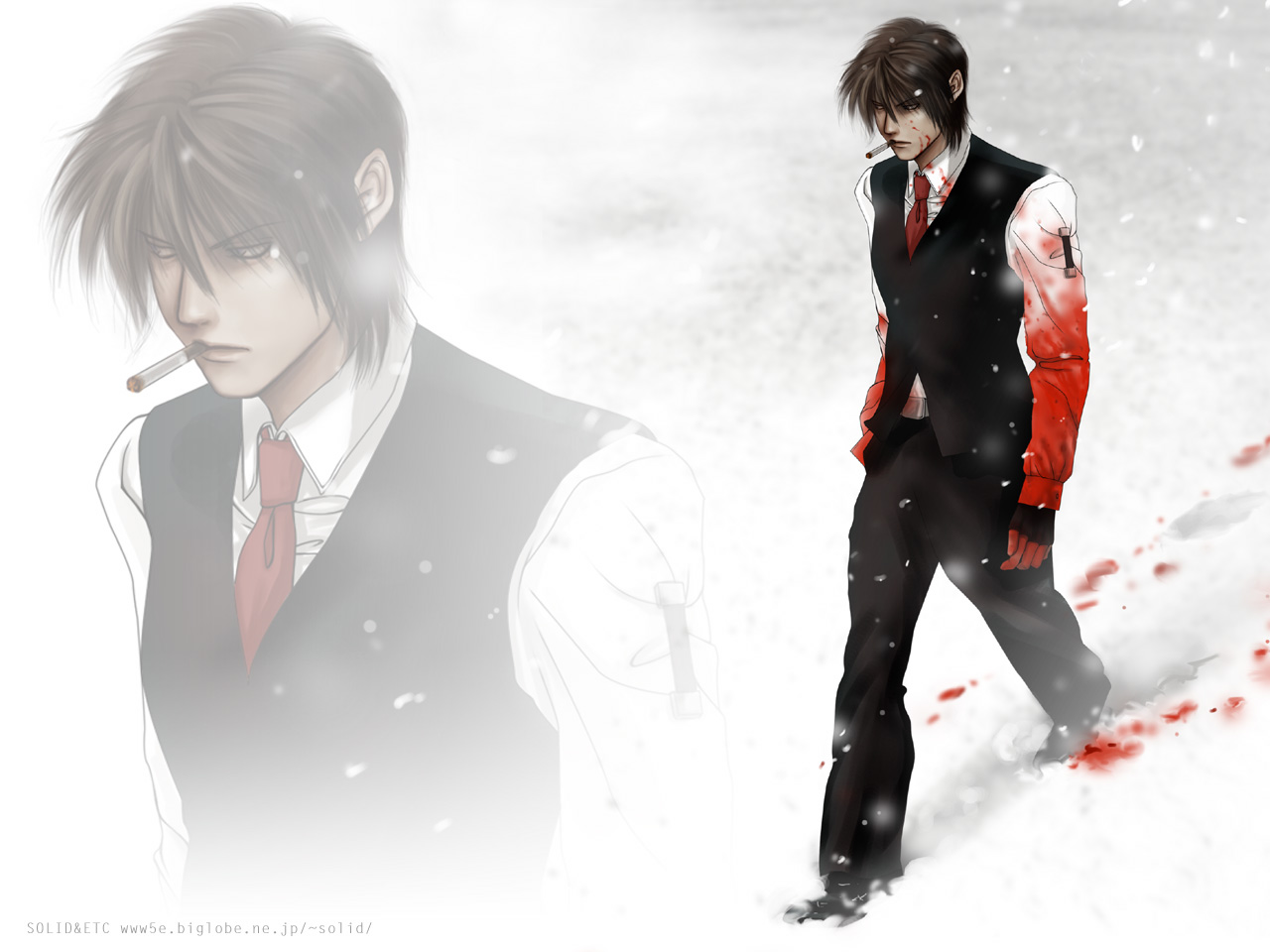 solid&etc, walter c. dornez, hellsing, 1boy, blood, cigarette, male focus, necktie, outdoors, snow, solo, vest, zoom layer
