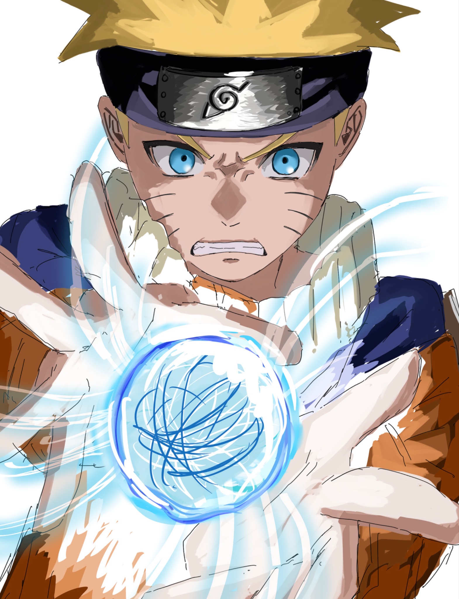uzumaki naruto, naruto (series), highres, 1boy, black headband, blonde hair, blue eyes, clenched teeth, facial mark, headband, jacket, konohagakure symbol, male focus, orange jacket, outstretched arms, rasengan, short hair, sketch, solo, spiked hair, teeth, upper body, utxtu oo1013, whisker markings, white background