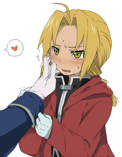 kl (dgzonbi), edward elric, roy mustang, fullmetal alchemist, 00s, 2boys, ahoge, blonde hair, blush, gloves, heart, male focus, multiple boys, yaoi, yellow eyes