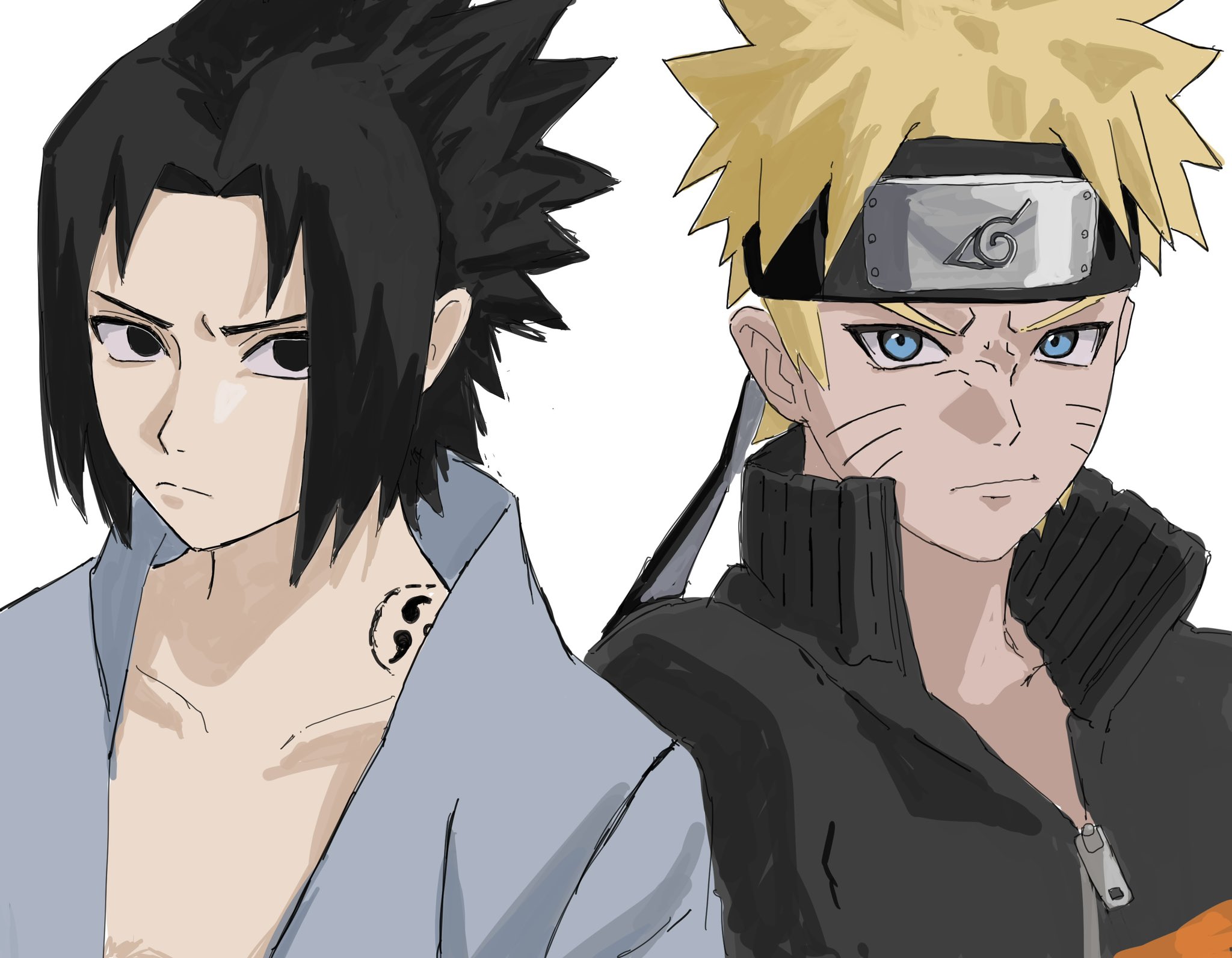 uchiha sasuke, uzumaki naruto, naruto (series), naruto shippuuden, highres, 2boys, black eyes, black hair, black headband, black jacket, blonde hair, blue eyes, closed mouth, facial mark, furrowed brow, headband, jacket, konohagakure symbol, male focus, multicolored jacket, multiple boys, neck tattoo, orange jacket, parted bangs, sharp teeth, shirt, short hair, tattoo, teeth, two-tone jacket, upper body, utxtu oo1013, whisker markings, white shirt