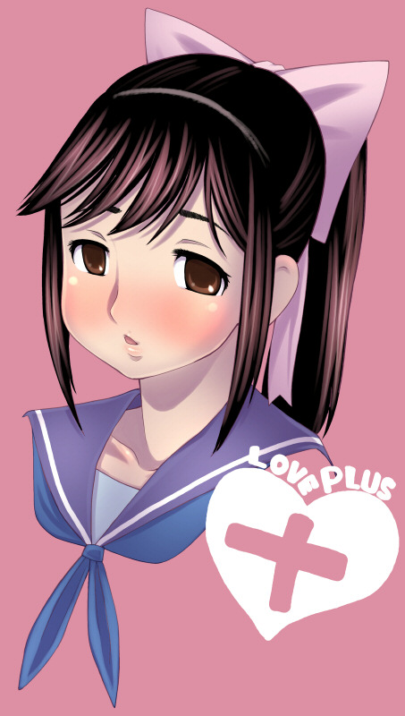 tsunono, takane manaka, love plus, 1girl, blush, brown eyes, brown hair, female focus, pink background, ponytail, school uniform, serafuku, simple background, solo