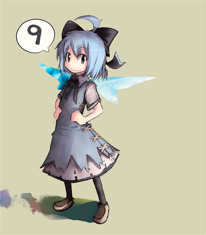 kamonari ahiru, cirno, touhou, 1girl, ahoge, black pantyhose, blue hair, bow, brown eyes, circled 9, female focus, pantyhose, ribbon, short hair, solo, wings