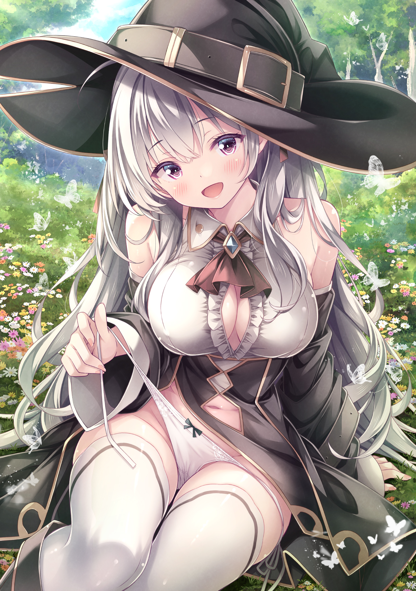 ryo (botugo), original, commentary request, highres, 1girl, :d, arm support, black cloak, black skirt, blue sky, blush, bow, bow panties, breasts, bug, butterfly, cleavage, cloak, cloud, collared shirt, comiket 107, day, detached sleeves, flower, grass, grey hair, hair between eyes, insect, large breasts, looking at viewer, meadow, open mouth, outdoors, panties, purple eyes, shirt, side-tie panties, sidelocks, sitting, skirt, sky, smile, thighhighs, tree, underwear, white panties, white shirt, white thighhighs, wide sleeves, witch