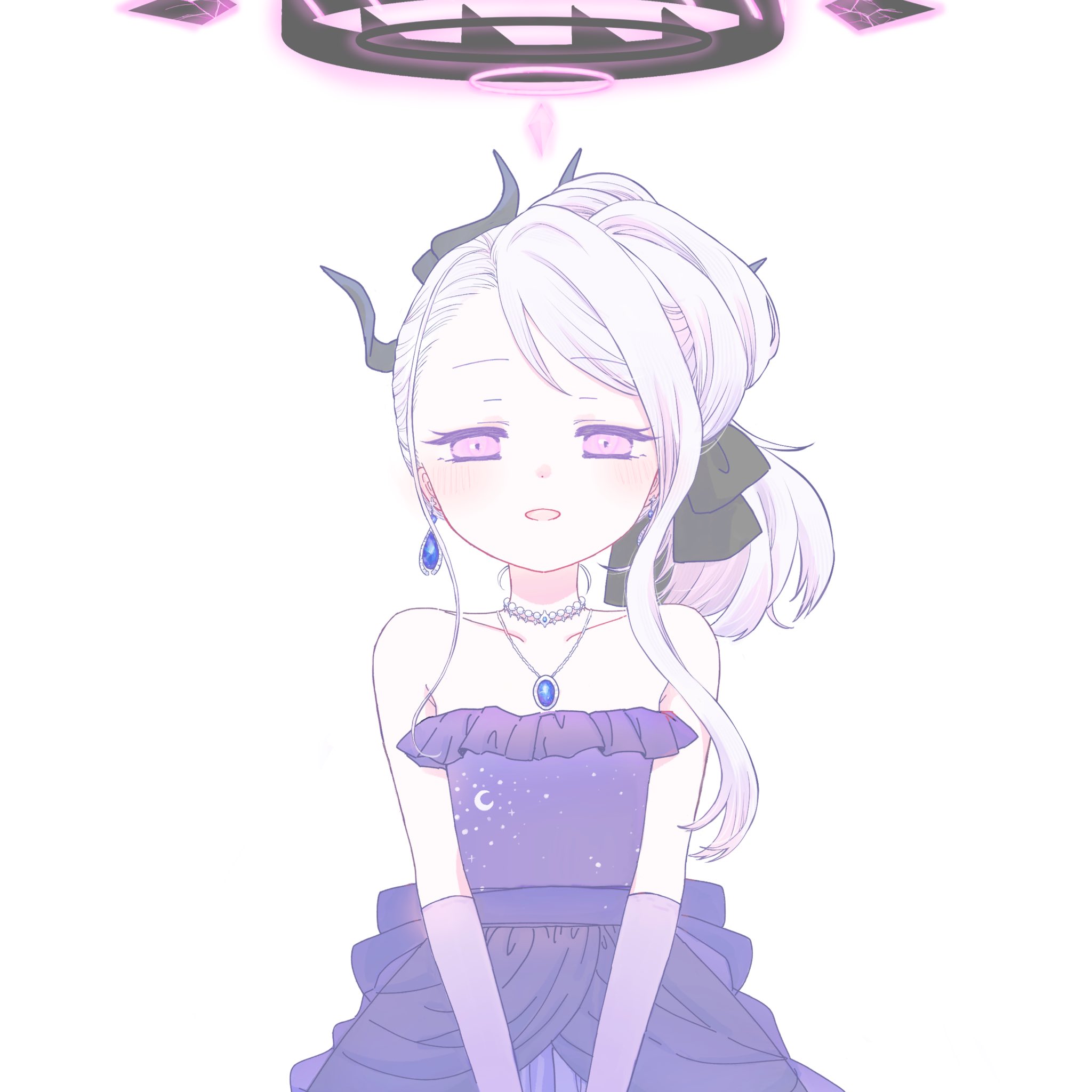 takahisayuki, hina (blue archive), hina (dress) (blue archive), blue archive, fluffy hair, highres, 1girl, :d, alternate costume, bare shoulders, bead necklace, beads, black halo, black horns, black ribbon, blush, breasts, collarbone, crescent print, demon girl, demon horns, dress, earrings, elbow gloves, evening gown, gloves, hair between eyes, hair ribbon, halo, horns, jewelry, long hair, looking at viewer, low wings, multicolored halo, multiple horns, necklace, official alternate costume, official alternate hairstyle, open mouth, ponytail, print dress, purple dress, purple eyes, purple gloves, purple halo, ribbon, sidelocks, simple background, single earring, small breasts, smile, solo, starry sky print, strapless, strapless dress, two-tone halo, upper body, white background, white hair, wings