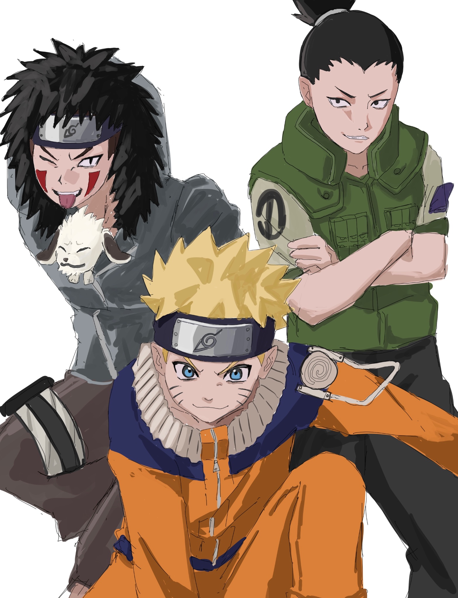 akamaru (naruto), inuzuka kiba, nara shikamaru, uzumaki naruto, naruto (series), highres, 3boys, black hair, black headband, black pants, blonde hair, blue eyes, brown pants, closed mouth, crossed arms, dog, facial mark, flak jacket, fur-trimmed jacket, fur trim, green vest, grey jacket, grin, headband, hood, hood up, hooded jacket, jacket, jumpsuit, konohagakure symbol, male focus, multiple boys, one eye closed, orange jumpsuit, orange pants, pants, parted lips, ponytail, sketch, smile, tongue, tongue out, utxtu oo1013, vest, whisker markings, white background