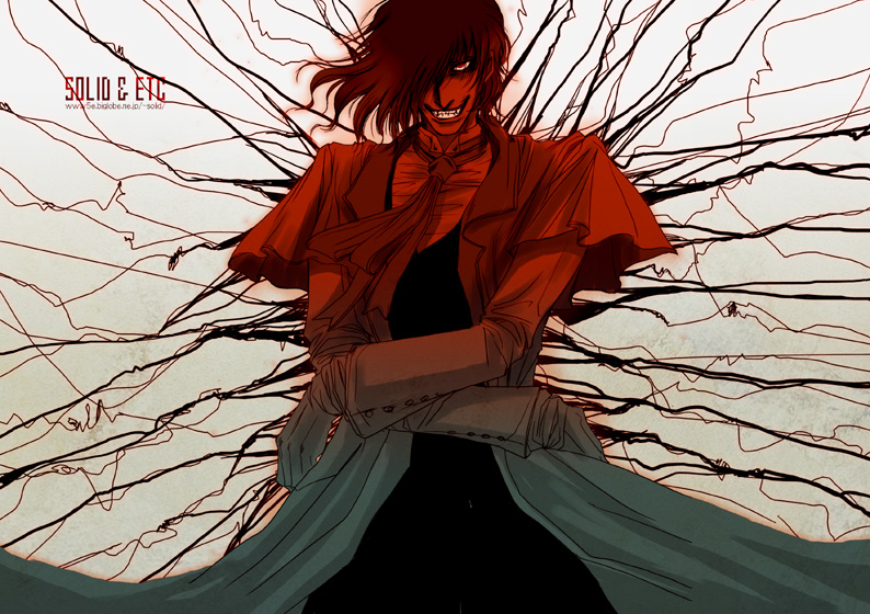 solid&etc, alucard (hellsing), hellsing, 1boy, black hair, coat, evil grin, evil smile, formal clothes, gloves, grin, hair over one eye, male focus, necktie, overcoat, red eyes, smile, solo, suit, vampire