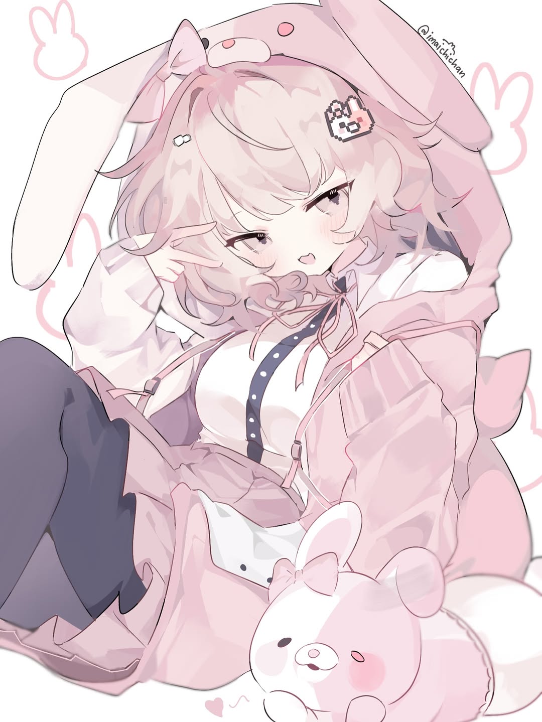 imaichichan, monomi (danganronpa), nanami chiaki, danganronpa (series), danganronpa 2: goodbye despair, commentary request, highres, 1girl, animal hood, artist name, black pantyhose, bob cut, bow, brown hair, brown jacket, brown skirt, collared shirt, diaper, dress shirt, hair ornament, hairpin, hand up, heart, holding strap, hood, hood up, instagram username, jacket, light blush, looking at viewer, medium hair, messy hair, neck ribbon, no nose, open clothes, open jacket, open mouth, pantyhose, pink bag, pink bow, pink eyes, pink ribbon, pleated skirt, rabbit, rabbit hair ornament, rabbit hood, ribbon, shirt, shirt tucked in, sitting, skirt, twitter username, v, v over eye, white background, white shirt
