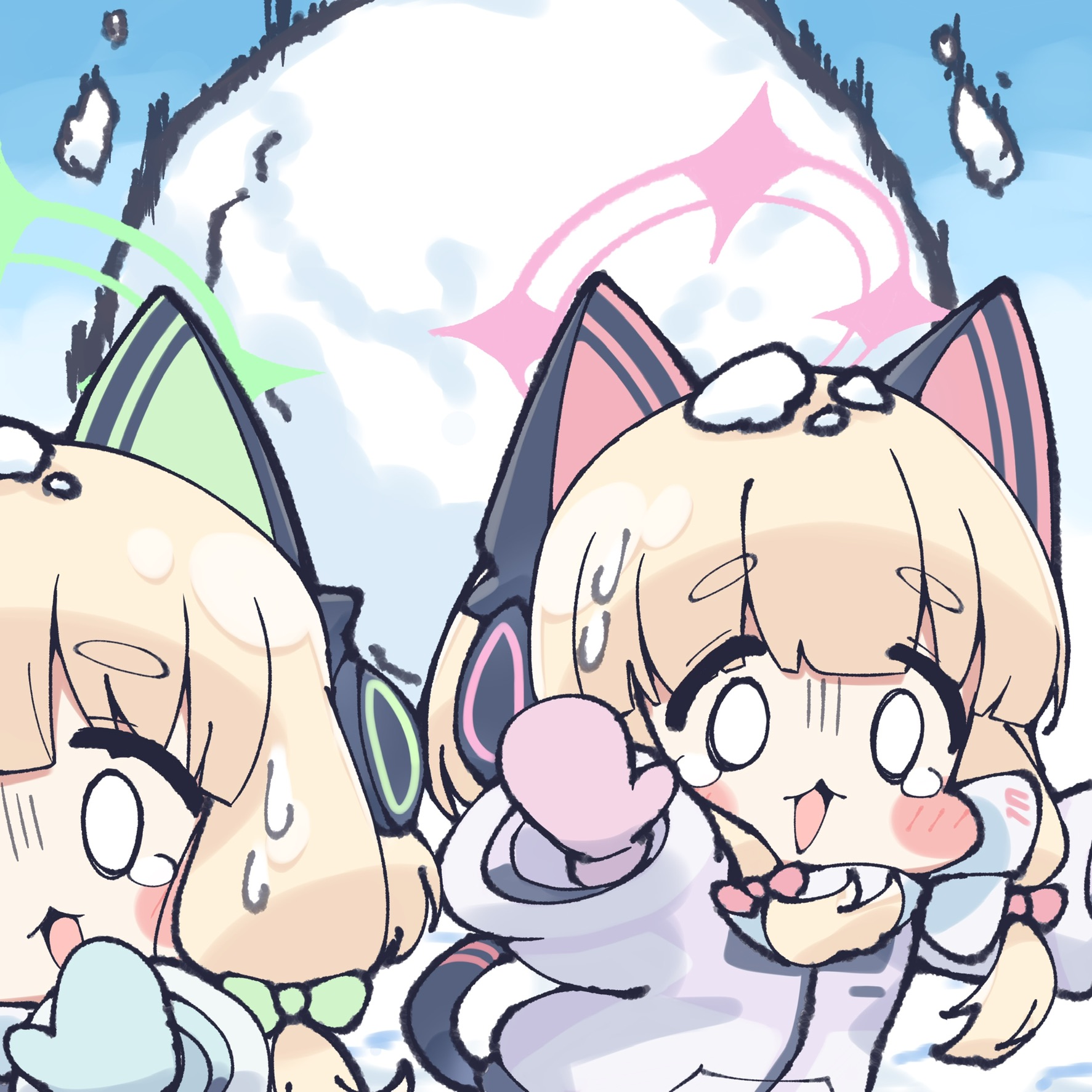 yuuhikureroom6, midori (blue archive), midori (winter) (blue archive), momoi (blue archive), momoi (winter) (blue archive), blue archive, commentary request, highres, 0 0, 2girls, animal ear headphones, animal ears, aqua coat, aqua mittens, black tail, blonde hair, blush stickers, bow, cat ear headphones, cat ears, cat tail, chibi, chibi only, coat, comedic sweatdrop, fake animal ears, fake tail, green halo, hair bow, halo, headphones, long sleeves, low-tied sidelocks, mittens, multicolored coat, multiple girls, official alternate costume, open mouth, outdoors, pink halo, pink mittens, purple coat, scarf, siblings, sidelocks, sisters, snow, snow on head, snowball, tail, tareme, teardrop, twins, white coat, white scarf, winter, winter clothes, winter coat