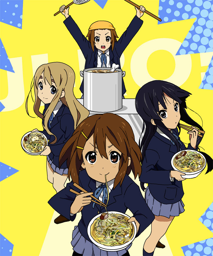 akiyama mio, hirasawa yui, kotobuki tsumugi, tainaka ritsu, k-on!, artist request, tagme, 00s, 4girls, chopsticks, eating, food, looking at viewer, multiple girls, noodles, school uniform