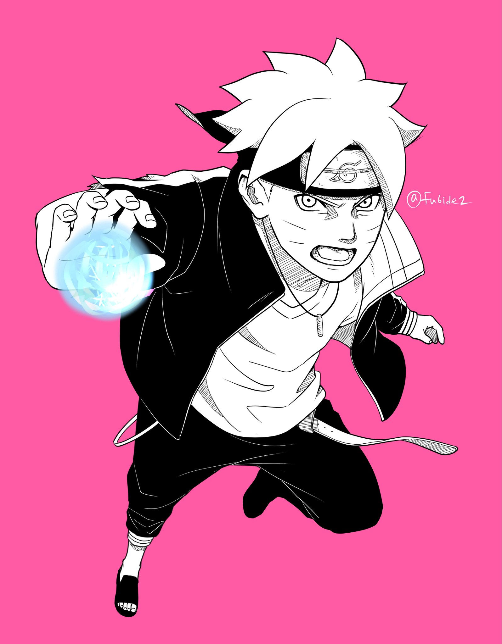 uzumaki boruto, boruto: naruto next generations, naruto (series), commentary, highres, 1boy, belt, energy ball, facial mark, forehead protector, greyscale with colored background, headband, jacket, jewelry, konohagakure symbol, male focus, matsu (fu6ide2), necklace, open-toe shoes, open mouth, rasengan, solo, spot color, torn sleeve, whisker markings
