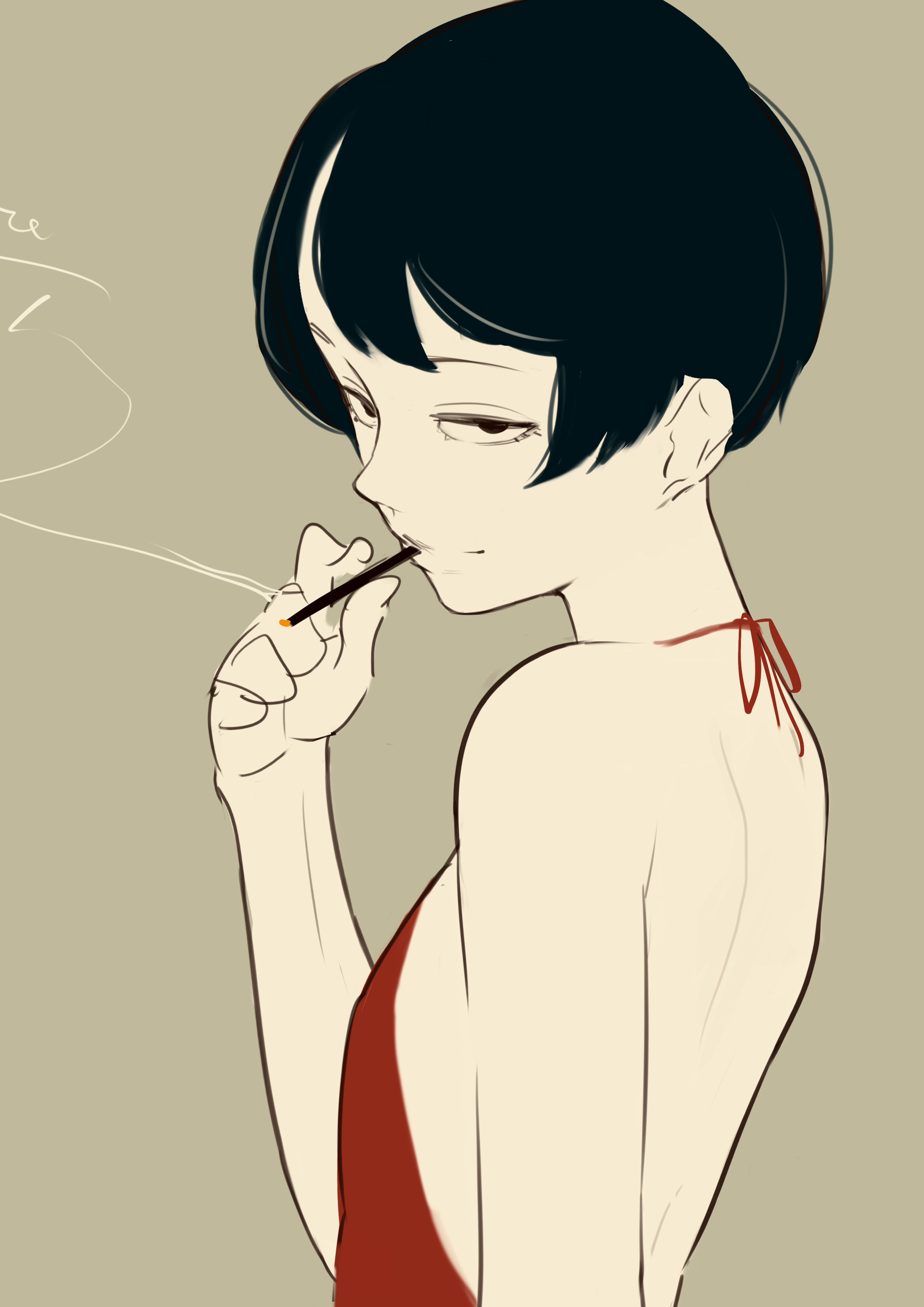 hieda yawe, original, absurdres, commentary request, highres, 1girl, black eyes, black hair, bob cut, dress, flat chest, halterneck, mouth hold, red dress, sanpaku, short hair, shoulder blades, simple background, smile, smoking, upper body