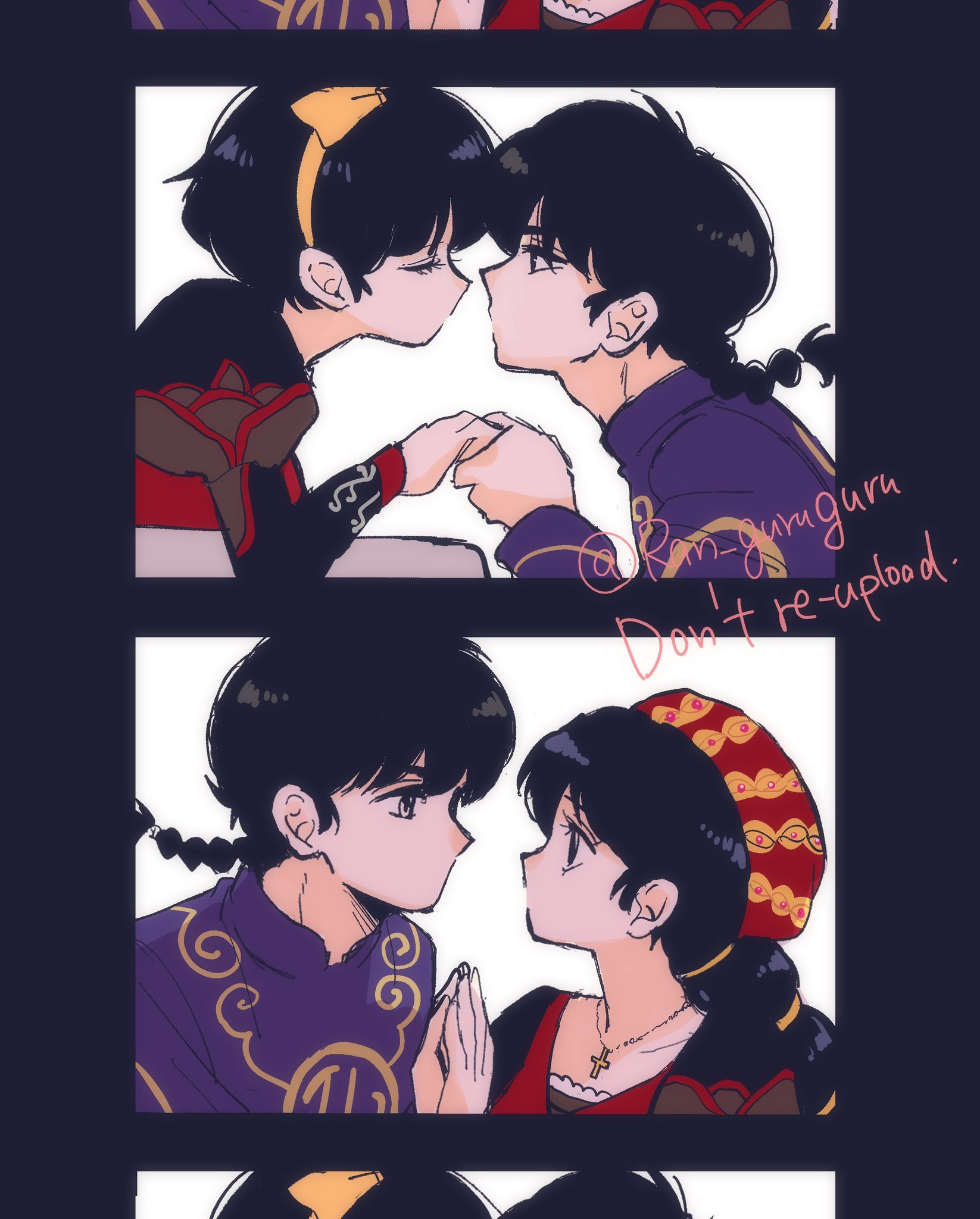 tori (runrunpiia), saotome ranma, tendou akane, ranma 1/2, commentary request, highres, 1boy, 1girl, alternate costume, black hair, braid, closed mouth, couple, cross, cross necklace, hairband, hat, hetero, holding hands, imminent kiss, jewelry, long hair, looking at another, multi-tied hair, necklace, parted lips, purple shirt, red hat, shirt, short hair, single braid, twitter username, white background, yellow hairband