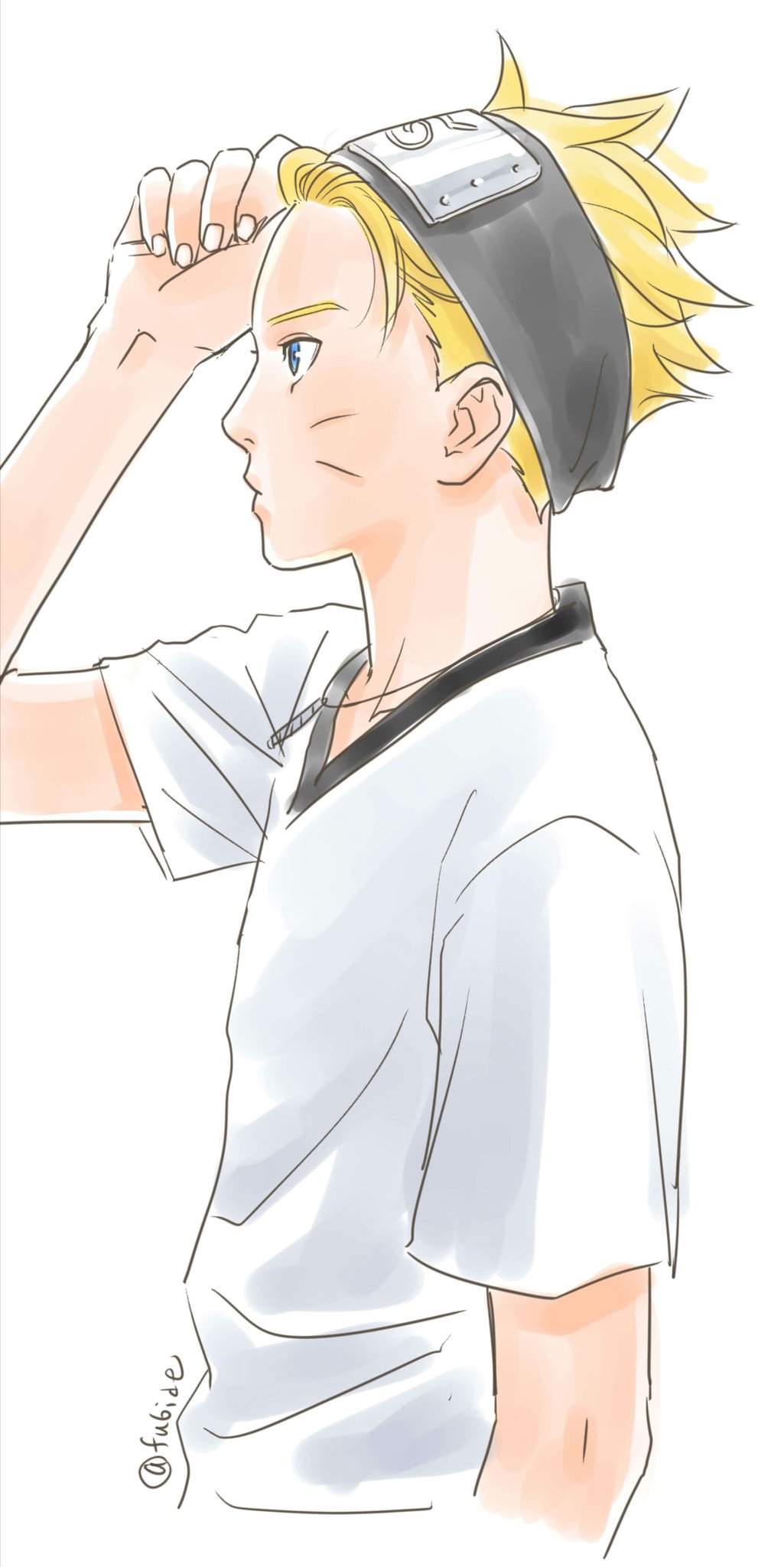 uzumaki boruto, boruto: naruto next generations, naruto (series), commentary request, highres, 1boy, black headband, blonde hair, blue eyes, facial mark, forehead protector, from side, headband, headband lift, jewelry, konohagakure symbol, male focus, matsu (fu6ide2), necklace, shirt, solo, t-shirt, upper body, whisker markings, white shirt