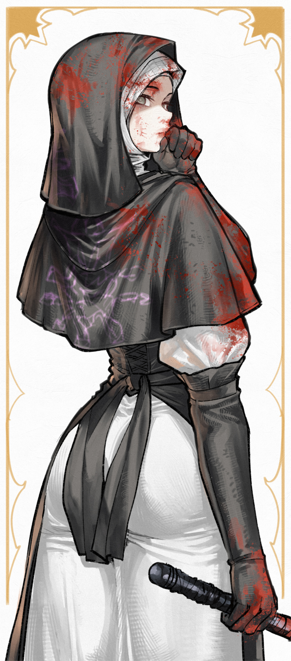 kamisato sora, undertaker (elden ring), elden ring, elden ring nightreign, commentary, english commentary, highres, 1girl, ass, black capelet, black gloves, black hood, blood, blood on face, capelet, dress, elbow gloves, gloves, holding, holding weapon, hood, looking at viewer, mace, nun, solo, weapon, white coif