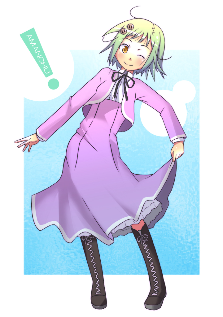 nyazui, kohinata hikari, amanchu!, !, black boots, boots, clothes lift, dress, green hair, lace-up boots, one eye closed, short hair, skirt, skirt lift, solo, split mouth, wink, yellow eyes