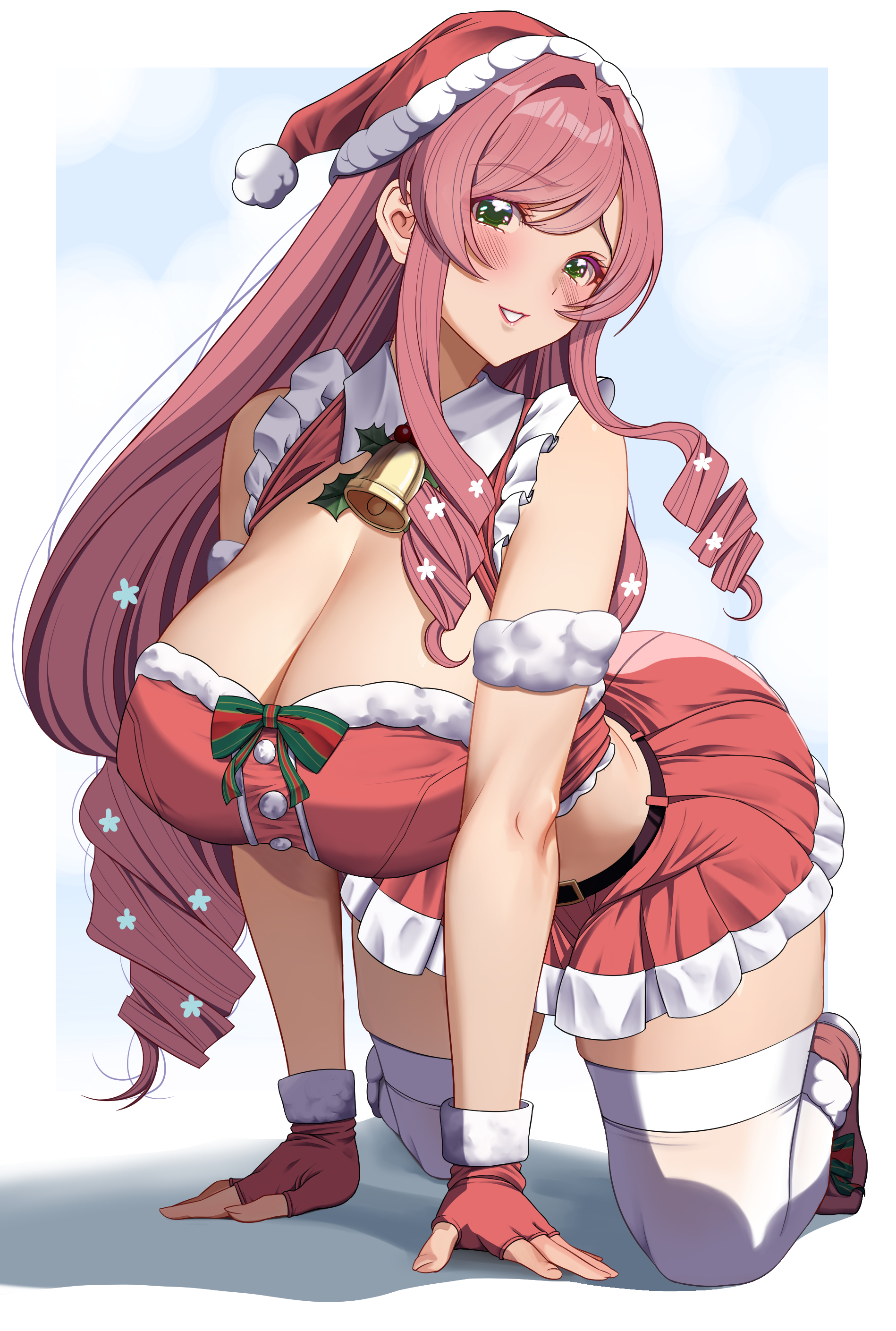 akihiro0920, hanazono hahari, kimi no koto ga dai dai dai dai daisuki na 100-nin no kanojo, absurdres, commentary request, highres, all fours, bell, blue background, blush, breasts, christmas, cleavage, dress, drill hair, fingerless gloves, gloves, green eyes, grin, hat, huge breasts, long hair, looking at viewer, mature female, neck bell, pleated skirt, red gloves, red hair, red shoes, red skirt, santa costume, santa dress, santa hat, shadow, shoes, sidelocks, simple background, skirt, smile, teeth, very long hair