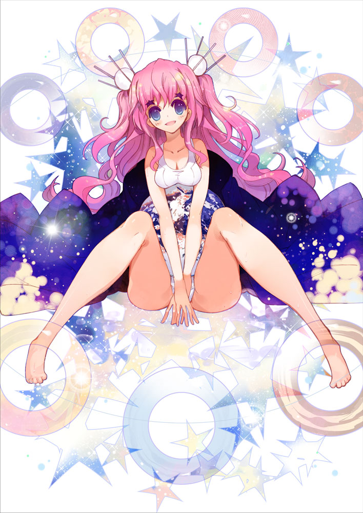 momiji mao, 1girl, barefoot, blue eyes, breasts, female focus, full body, legs, long hair, one-piece swimsuit, pink hair, school swimsuit, sitting, solo, space, swimsuit, white one-piece swimsuit, white school swimsuit