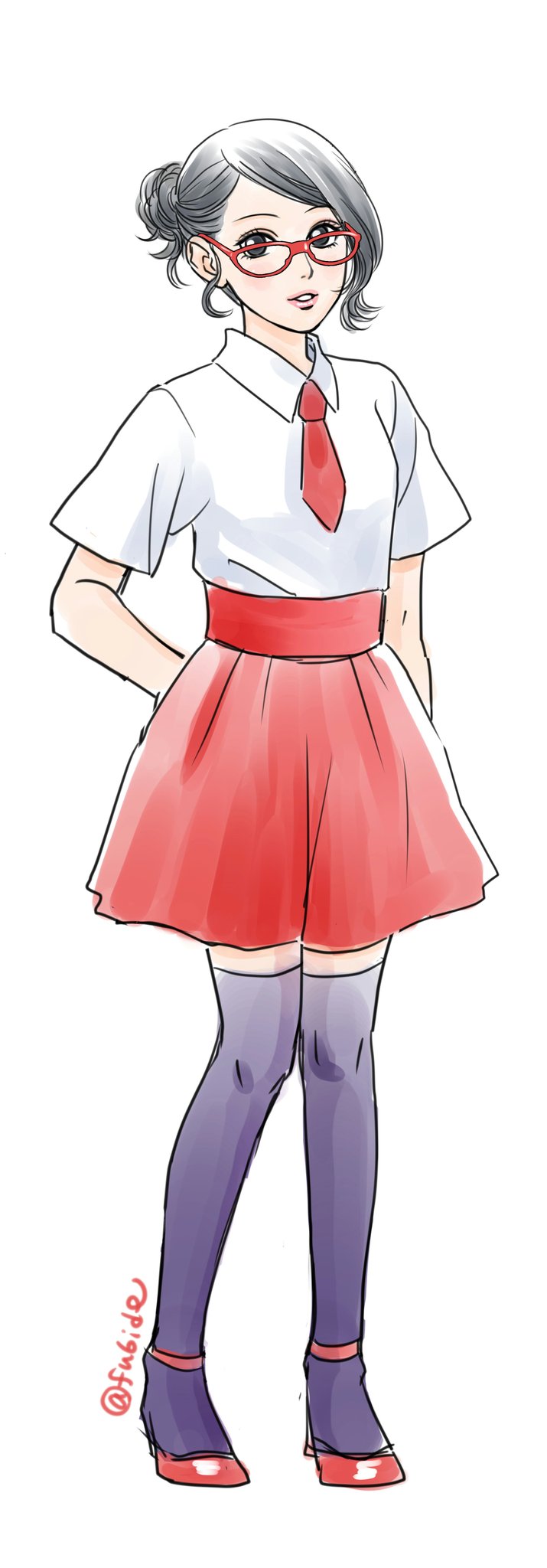 uchiha sarada, boruto: naruto next generations, naruto (series), commentary request, highres, 1girl, alternate hairstyle, arm behind back, black eyes, black hair, black thighhighs, full body, glasses, hair bun, high-waist skirt, high heels, matsu (fu6ide2), necktie, red-framed eyewear, red necktie, red shoes, red skirt, shirt, shoes, short necktie, signature, single hair bun, skirt, solo, thighhighs, twitter username, white shirt, zettai ryouiki