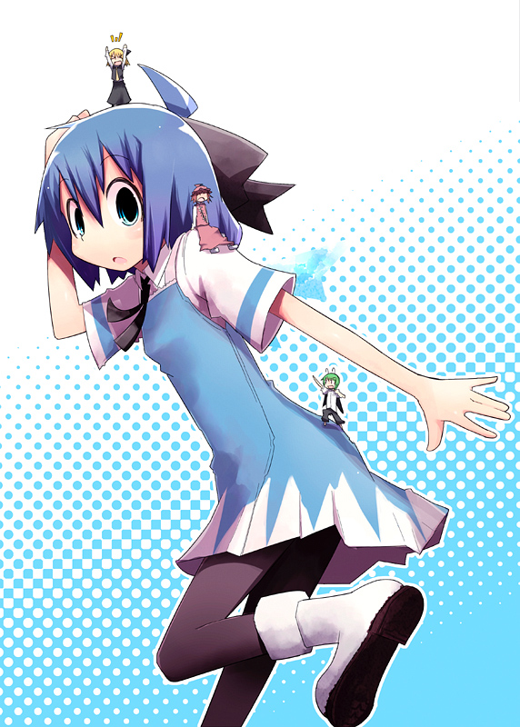 kamonari ahiru, cirno, mystia lorelei, rumia, wriggle nightbug, touhou, > <, 4girls, ahoge, alternate costume, antennae, arms up, blonde hair, blue eyes, blue hair, boots, cape, closed eyes, contemporary, giant, giantess, green hair, mini person, minigirl, multiple girls, pantyhose, pink hair, red eyes, short hair, sitting, team 9 (touhou)