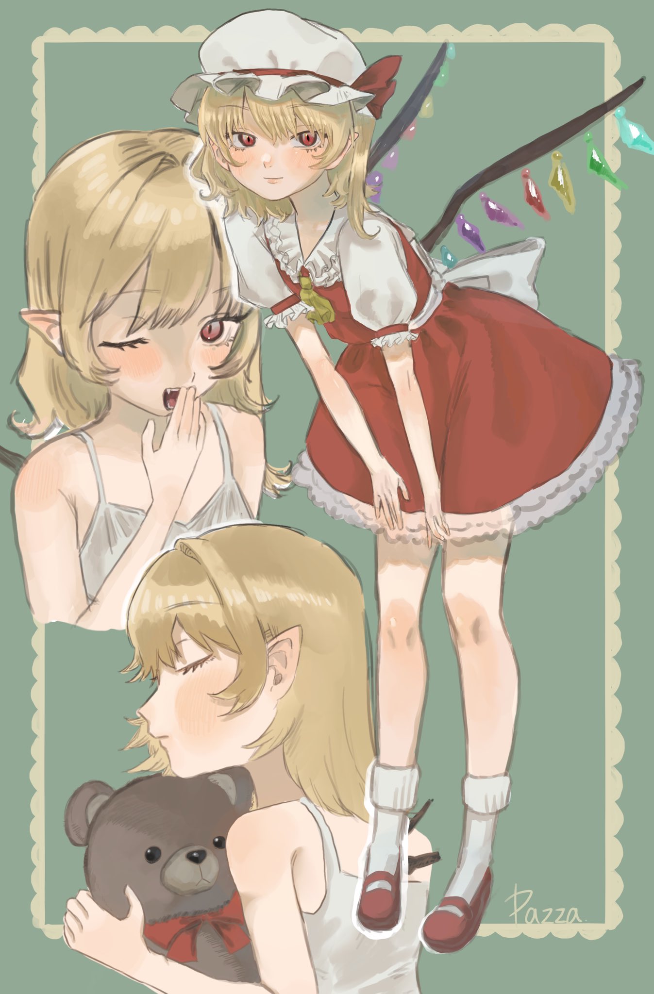 petarikooo, flandre scarlet, touhou, commentary, highres, 1girl, artist name, ascot, back bow, blonde hair, bow, closed eyes, crystal wings, eyelashes, hat, holding, holding stuffed toy, looking at viewer, mary janes, mob cap, multiple views, nightgown, one eye closed, open mouth, pointy ears, puffy short sleeves, puffy sleeves, red eyes, red shoes, red skirt, shoes, short sleeves, skirt, socks, standing, stuffed animal, stuffed toy, teddy bear, white bow, white hat, white socks, wings, yawning, yellow ascot