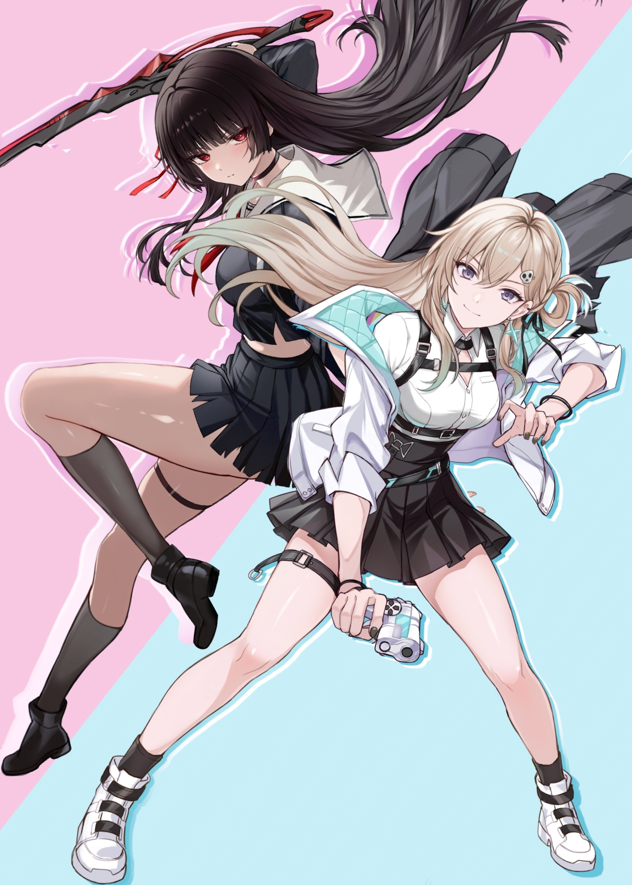 saint laurent paris, chisa (wuthering waves), lynae (wuthering waves), wuthering waves, commentary, highres, 2girls, arm cutout, black choker, black hair, black jacket, black nails, black ribbon, black serafuku, black shirt, black shoes, black skirt, black socks, blonde hair, breasts, choker, closed mouth, clothing cutout, collared shirt, earrings, fingernails, fishnet thigh strap, gun, hair between eyes, hair ornament, hair ribbon, harness, holding, holding gun, holding sword, holding weapon, jacket, jewelry, long hair, long sleeves, looking at viewer, medium breasts, multiple girls, nail polish, neckerchief, purple eyes, red eyes, red neckerchief, red ribbon, ribbon, sailor collar, school uniform, serafuku, shirt, shirt tucked in, shoes, skirt, skull hair ornament, smile, socks, star (symbol), star earrings, sword, thigh strap, thighs, weapon, white jacket, white sailor collar, white shirt, white shoes