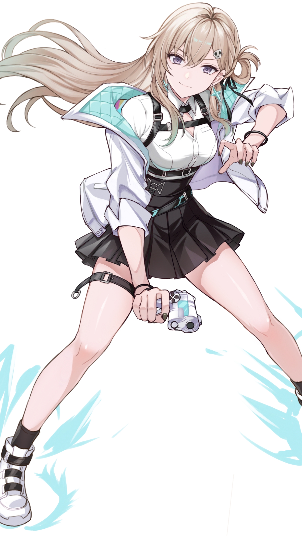 saint laurent paris, lynae (wuthering waves), wuthering waves, commentary, highres, 1girl, black nails, black ribbon, black skirt, blonde hair, breasts, closed mouth, collared shirt, earrings, fingernails, fishnet thigh strap, gun, hair between eyes, hair ornament, hair ribbon, harness, holding, holding gun, holding weapon, jacket, jewelry, long hair, looking at viewer, medium breasts, nail polish, purple eyes, ribbon, shirt, shirt tucked in, shoes, simple background, skirt, skull hair ornament, smile, solo, star (symbol), star earrings, weapon, white background, white jacket, white shirt, white shoes