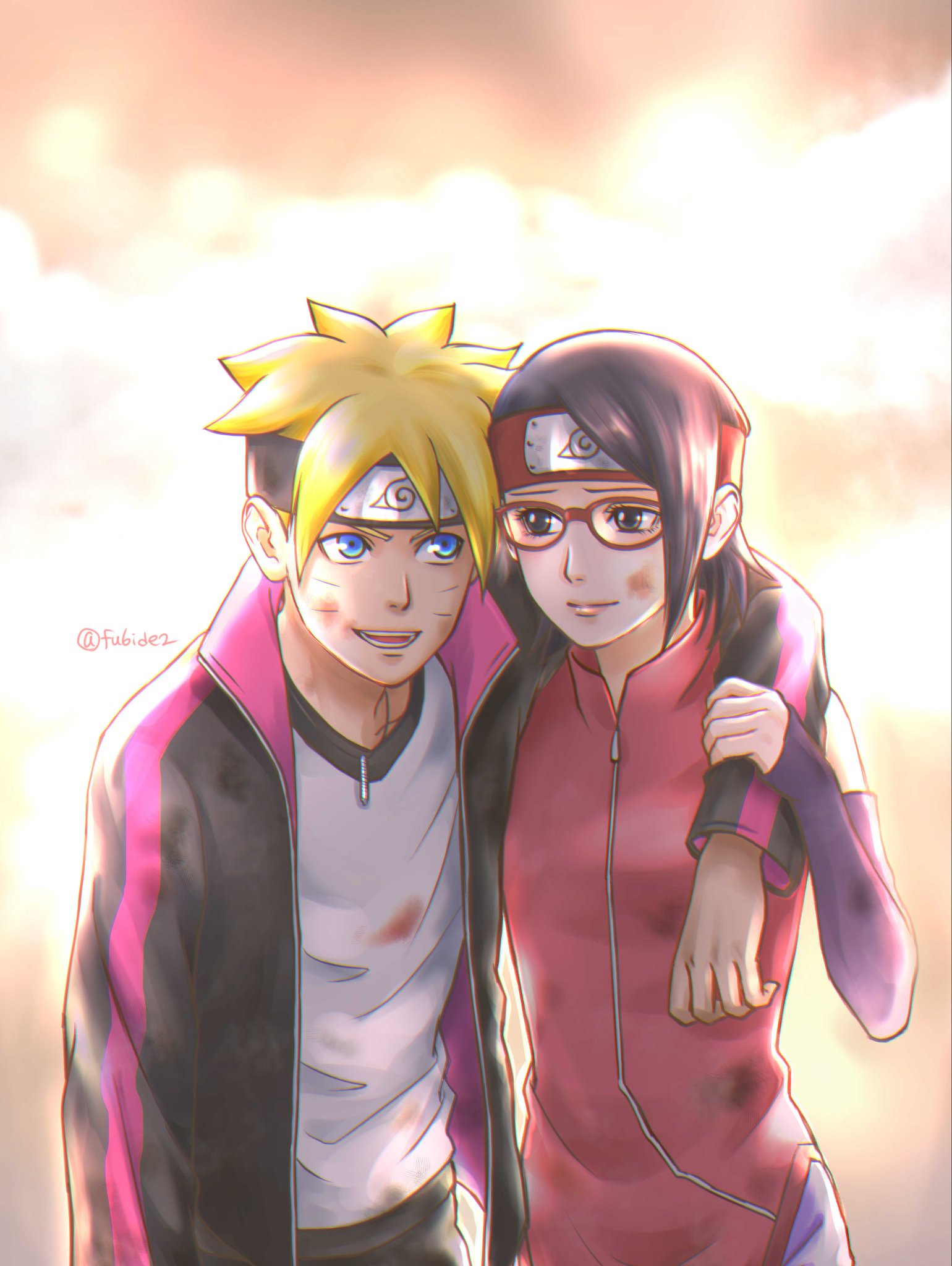 uchiha sarada, uzumaki boruto, boruto: naruto next generations, naruto (series), commentary request, highres, 1boy, 1girl, arm around neck, black eyes, black hair, black headband, black jacket, blonde hair, blue eyes, detached sleeves, dirty, dirty clothes, dirty face, facial mark, forehead protector, glasses, headband, jacket, jewelry, konohagakure symbol, matsu (fu6ide2), necklace, open mouth, red-framed eyewear, red headband, sleeves past wrists, smile, twitter username, whisker markings