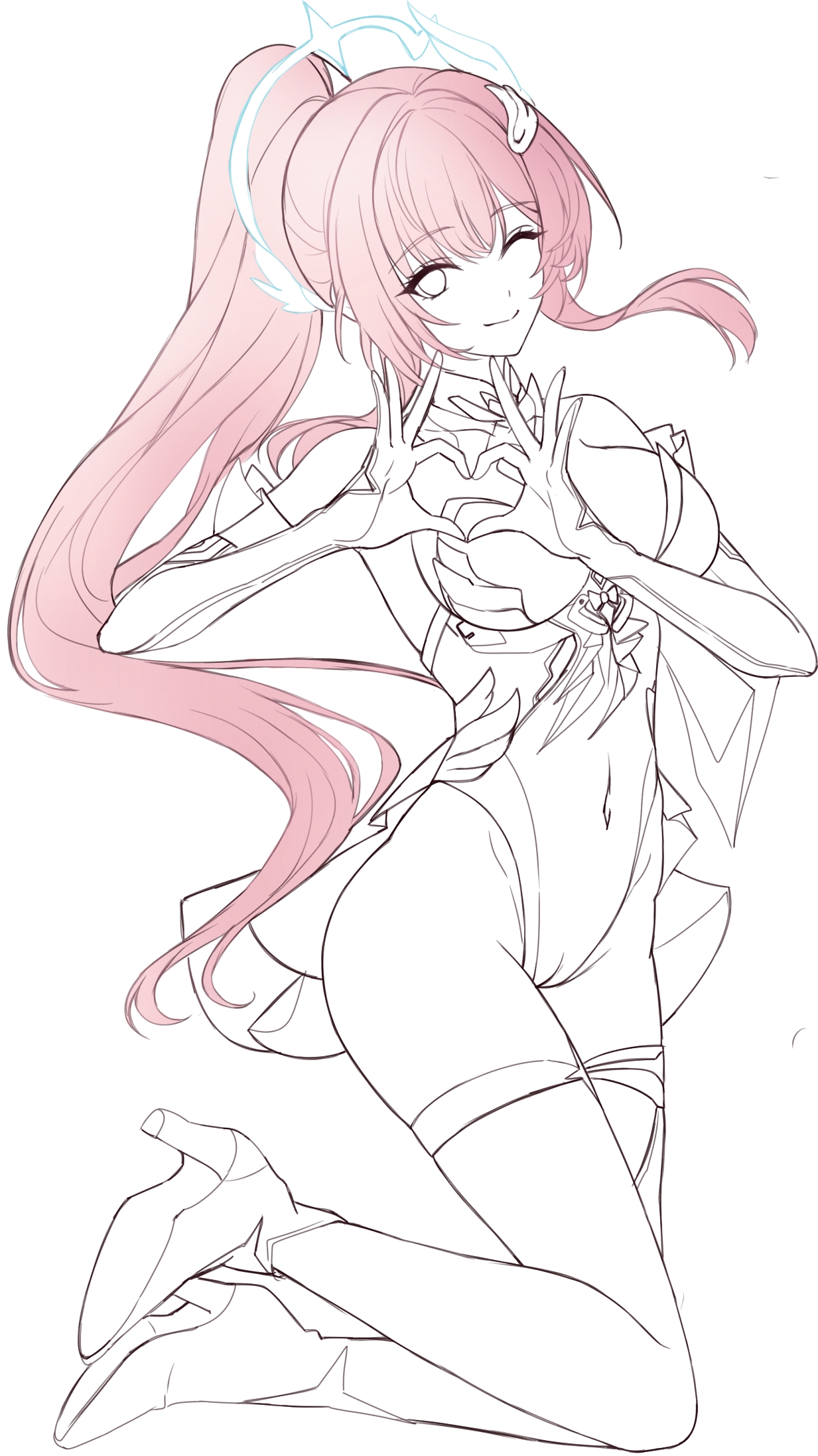 saint laurent paris, wuthering waves, commentary, highres, 1girl, adapted costume, aemeath (wuthering waves), bare shoulders, breasts, cameltoe, closed mouth, covered navel, four-finger heart hands, full body, hair ornament, halo, heart, heart hands, highleg, highleg leotard, large breasts, leotard, lineart, long hair, looking at viewer, one eye closed, partially colored, pink hair, ponytail, simple background, smile, solo, thighs, white background