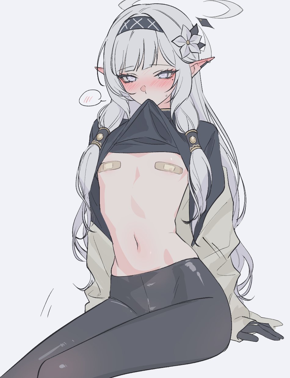 yuke (sowon5612), himari (blue archive), blue archive, commentary request, highres, korean commentary, 1girl, arm support, bandaid, bandaids on nipples, black gloves, black hairband, black halo, black leggings, black shirt, blush, clothes in mouth, clothes lift, ear blush, earclip, elf, feet out of frame, flat chest, flower, gloves, hair flower, hair ornament, hair tubes, hairband, halo, leggings, lifting own clothes, long hair, looking at viewer, mole, mole under eye, mouth hold, multicolored halo, navel, no bra, pasties, pointy ears, purple eyes, shirt, shirt in mouth, shirt lift, simple background, sitting, solo, speech bubble, spoken blush, stomach, striped clothes, striped hairband, two-tone halo, white background, white hair, white halo