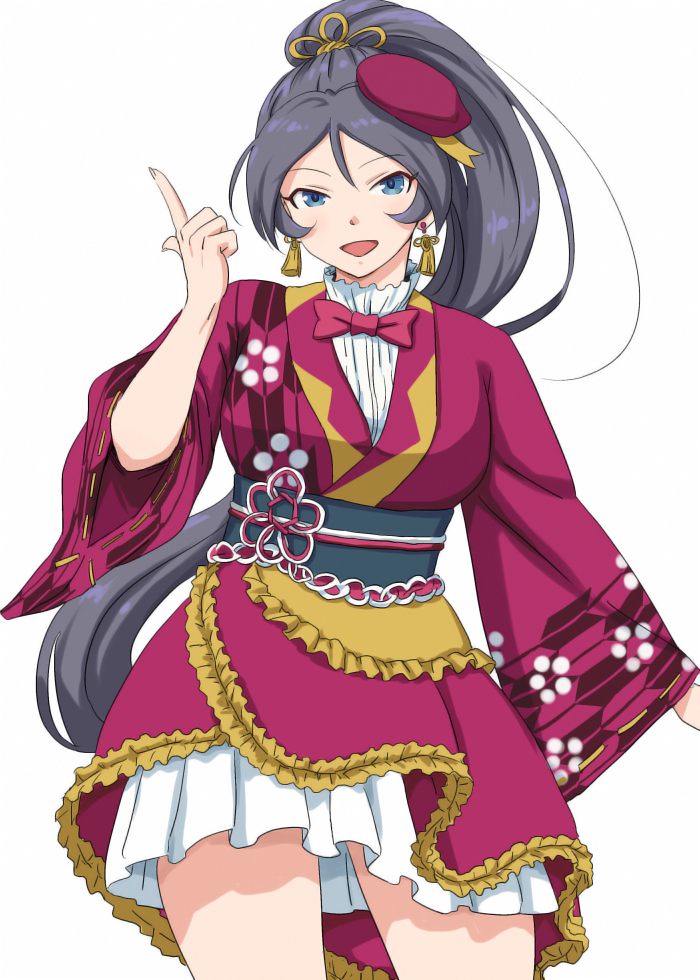 anbj, sugisaka umi, idolmaster, idolmaster cinderella girls, commentary request, 1girl, :d, black hair, blue eyes, bow, bowtie, earrings, hat, index finger raised, jewelry, long hair, obi, open mouth, red bow, red bowtie, red hat, sash, simple background, smile, solo, standing, tilted headwear, very long hair, white background, wide sleeves