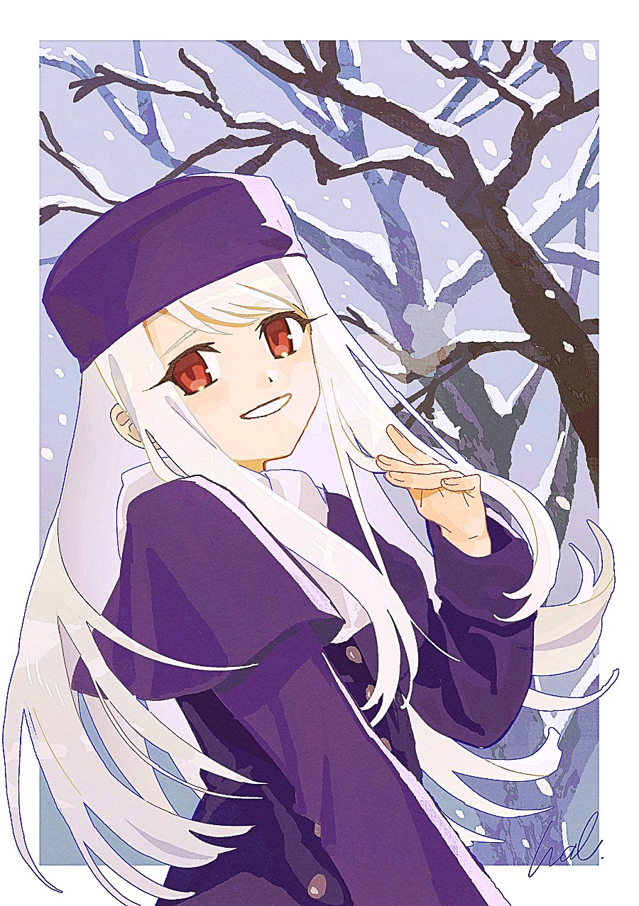 hal (haaaalhal), illyasviel von einzbern, fate/stay night, fate (series), commentary, highres, symbol-only commentary, 1girl, artist name, border, buttons, coat, eyelashes, fur hat, grey sky, hair over shoulder, hand up, hat, layered sleeves, long hair, long sleeves, looking at viewer, outside border, papakha, parted bangs, parted lips, purple coat, purple hat, red eyes, scarf, short sleeves, sidelocks, signature, sky, smile, snow, snowing, solo, tree, trench coat, upper body, very long hair, white border, white hair, white scarf, wide sleeves