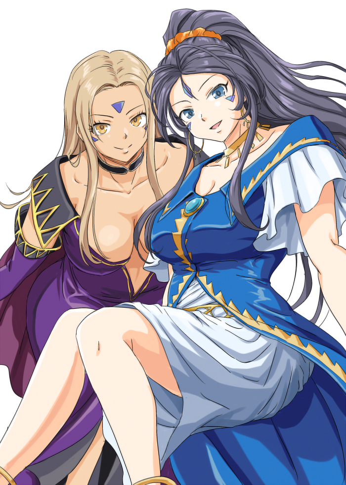 anbj, belldandy, matsunaga ryo, sugisaka umi, urd (aa megami-sama), aa megami-sama, idolmaster, idolmaster cinderella girls, commentary request, 2girls, belldandy (cosplay), black choker, blonde hair, blue eyes, breasts, choker, cleavage, cosplay, detached sleeves, facial mark, feet out of frame, forehead mark, hair ornament, hair scrunchie, long hair, multiple girls, orange scrunchie, scrunchie, smile, tan, urd (aa megami-sama) (cosplay), very long hair, white background, yellow eyes