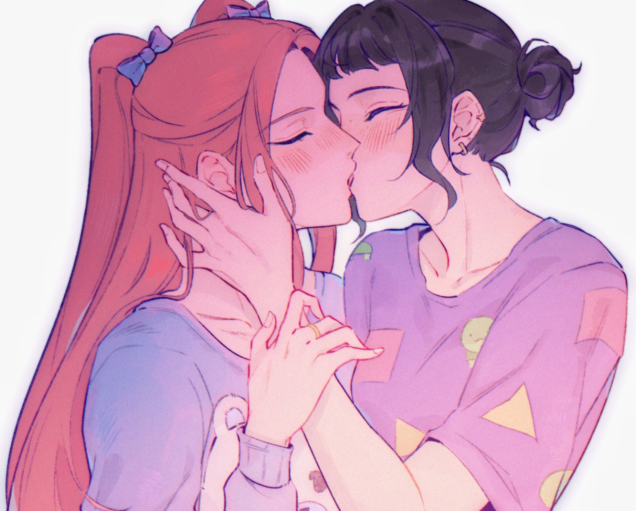 mira (kpop demon hunters), zoey (kpop demon hunters), kpop demon hunters, commentary, english commentary, highres, 2girls, black hair, blush, closed eyes, earrings, french kiss, hair bun, hand on another's face, holding another's wrist, jewelry, kiss, multiple girls, pink hair, purple shirt, ring, shirt, simple background, sleepykai32, twintails, upper body, white background, yuri