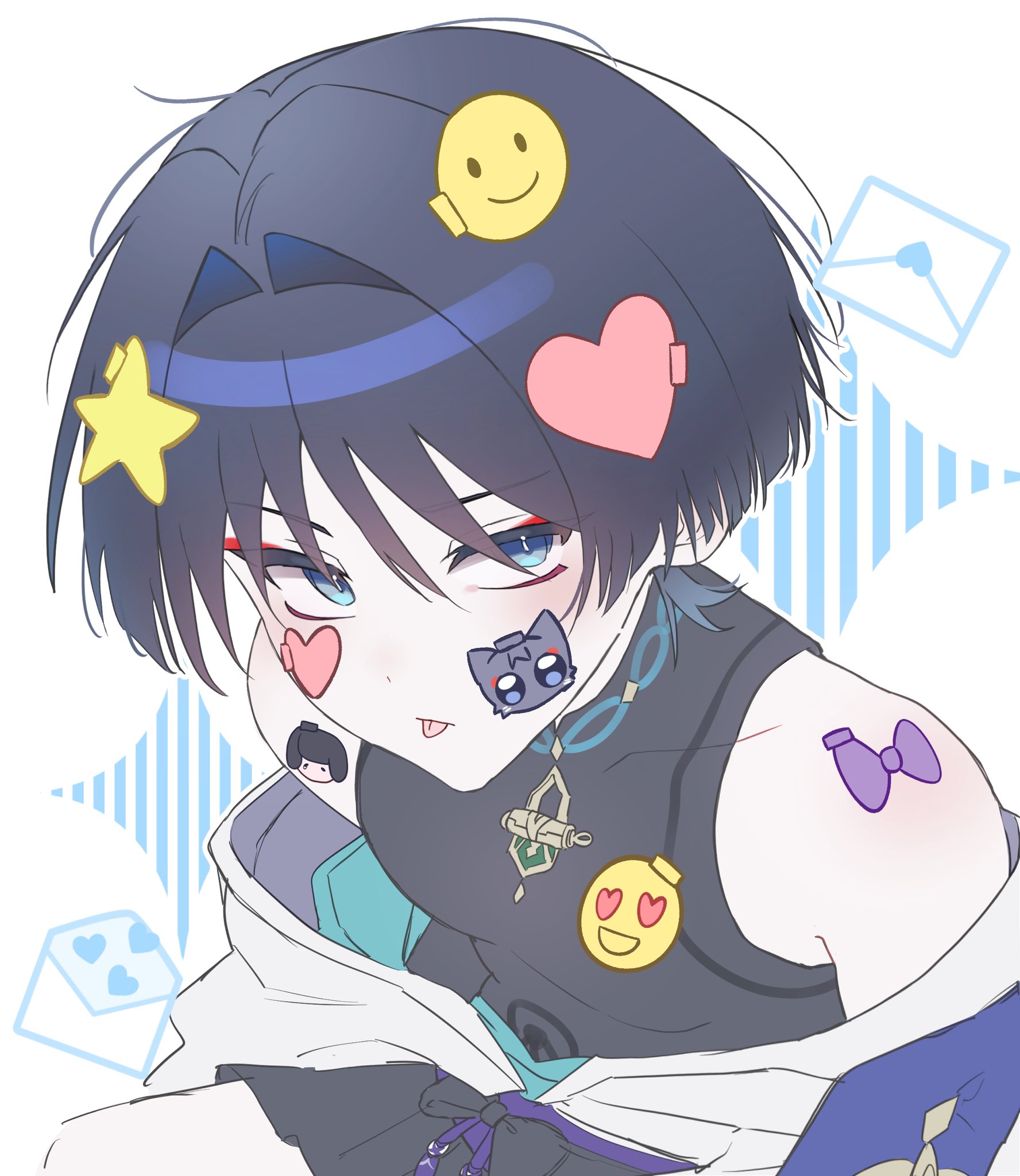 scaramouche (cat) (genshin impact), scaramouche (genshin impact), wanderer (genshin impact), genshin impact, commentary, highres, symbol-only commentary, 1boy, aqua kimono, bare shoulders, black bodysuit, black bow, black shorts, blue eyes, blunt ends, bodysuit, bow, bright pupils, cat face sticker, constricted pupils, covered collarbone, eyeliner, eyeshadow, grey hair, hair intakes, hakama, hakama shorts, japanese clothes, juban, kimono, letter, looking at viewer, makeup, male focus, off shoulder, open clothes, open kimono, pleated shorts, red eyeliner, red eyeshadow, sanpaku, shorts, sitting, skalamushu, solo, sticker, sticker on face, tongue, tongue out, tsurime, white background, white kimono, white pupils, wispy bangs