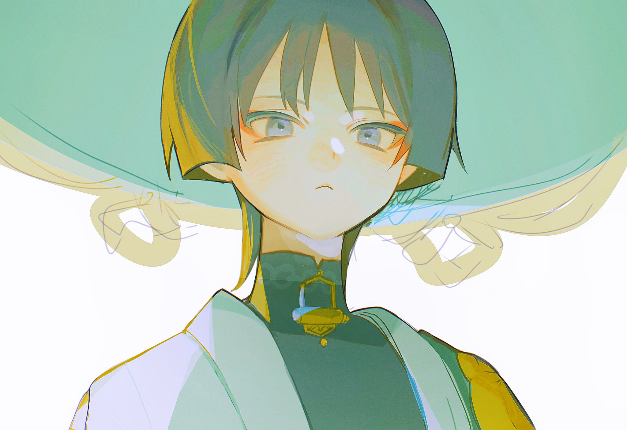 scaramouche (genshin impact), wanderer (genshin impact), genshin impact, highres, 1boy, aqua hair, black bodysuit, blunt ends, bodysuit, closed mouth, eyeliner, eyeshadow, grey hair, japanese clothes, kimono, light blush, looking at viewer, makeup, male focus, mandarin collar, portrait, purple eyes, red eyeliner, red eyeshadow, sketch, solo, tsukimi mimi6, tsurime, white background, white kimono, wispy bangs