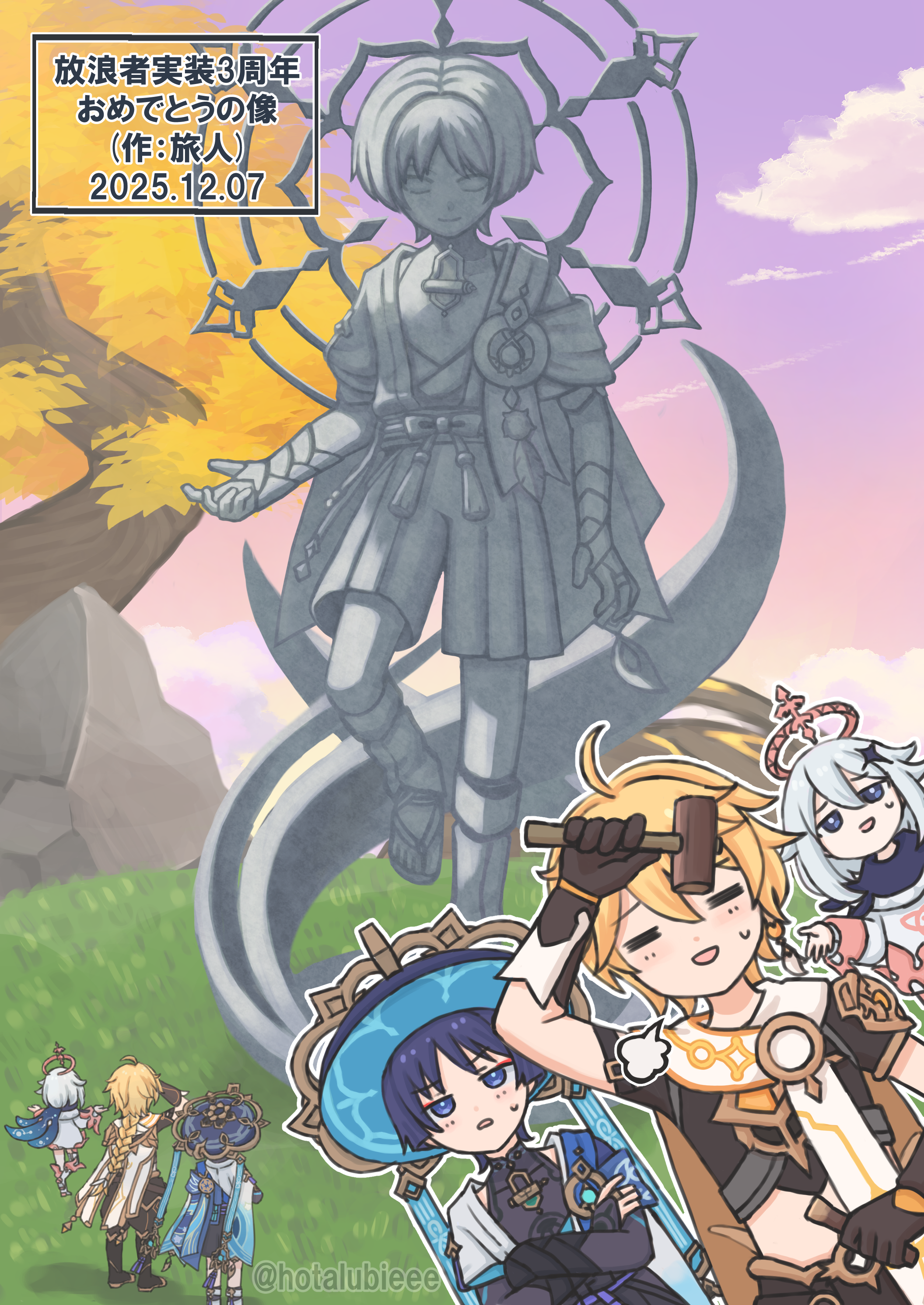 hotarubi (hotarubie), aether (genshin impact), paimon (genshin impact), scaramouche (genshin impact), wanderer (genshin impact), genshin impact, absurdres, commentary request, highres, 1girl, 2boys, = =, ahoge, animal print, arm up, armor, bird print, black bodysuit, black bridal gauntlets, black gloves, black scarf, black shirt, blonde hair, blue cape, blue gemstone, blue hat, blue sleeves, blue trim, blunt ends, bodysuit, braid, bridal gauntlets, bright pupils, cape, cloud, cloudy sky, covered collarbone, crop top, cropped shirt, crossed arms, earrings, eyeliner, eyeshadow, floating, furisode, gem, gloves, gold, gold ring, grass, hammer, hand on own arm, hat, holding, holding hammer, holding nail, japanese armor, japanese clothes, jewelry, jingasa, jitome, kimono, kote, kurokote, layered sleeves, levitation, light blush, long hair, looking at object, looking up, low-braided long hair, low-tied long hair, makeup, mandala, mandarin collar, middle ring, midriff, multiple boys, multiple views, nail (hardware), open mouth, outdoors, pauldrons, puff of air, purple eyes, purple hair, purple sky, red eyeliner, red eyeshadow, rock, romper, scarf, shadow, shirt, short hair, short sleeves, shoulder armor, shoulder peek, single pauldron, sky, standing, statue, sweatdrop, tassel, tree, twitter username, vision (genshin impact), white cape, white hair, white pupils, white romper, white scarf, white sleeves, white trim, wispy bangs